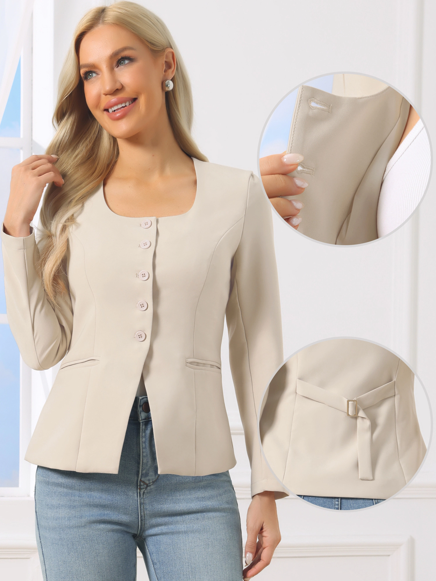 INSPIRE CHIC Women's Button Down Scoop Neck Split Hem Business Casual Fitted Blazer