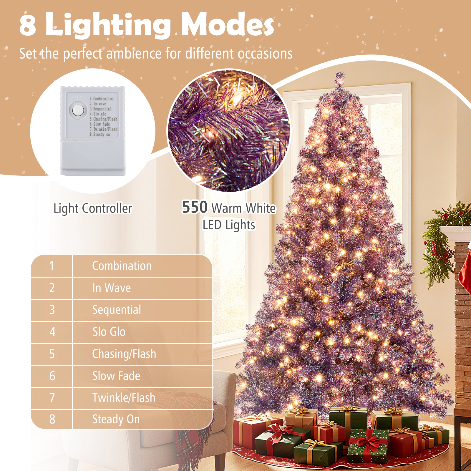 SUGIFT Pre-Lit Tinsel Artificial Christmas Tree with Warm White LED Lights Deep Purple 7.5ft