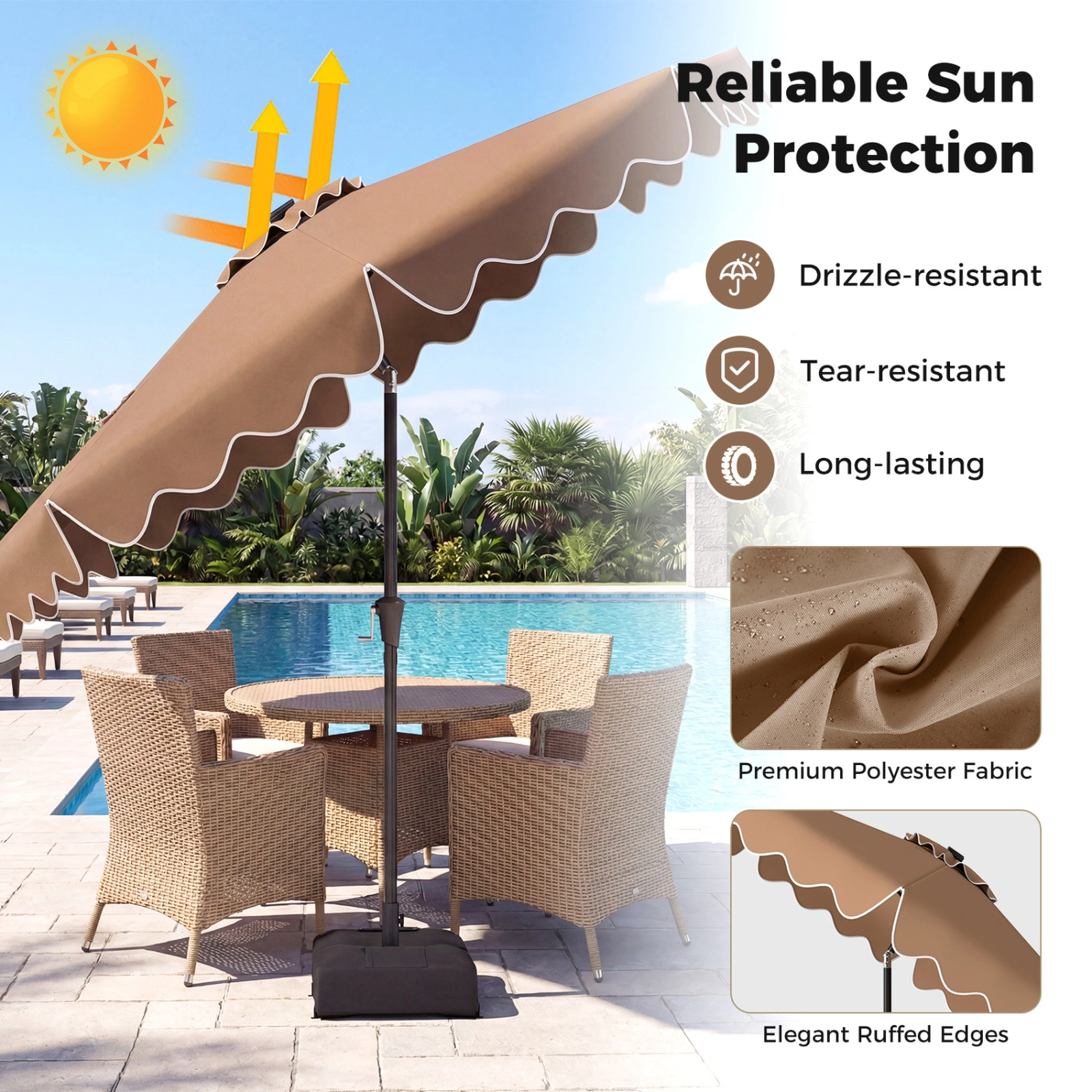 SUGIFT 10-ft Solar LED Outdoor Patio Umbrella with Crank Tilt Weighted Base and Sandbags 20-lb Net Weight Brown