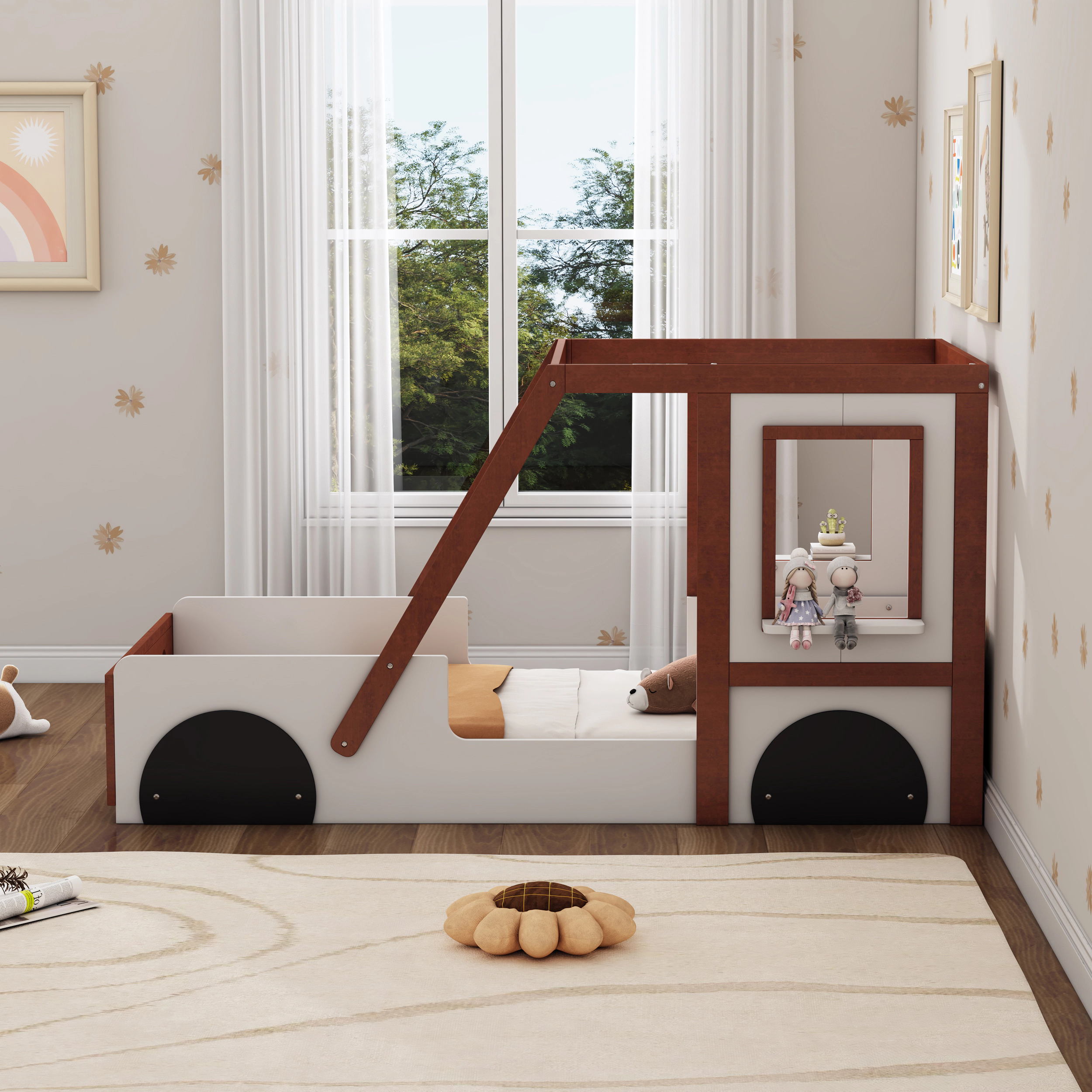 Flynama Twin Car-Shaped Kids Platform Bed, Fun Play Design, White & Orange