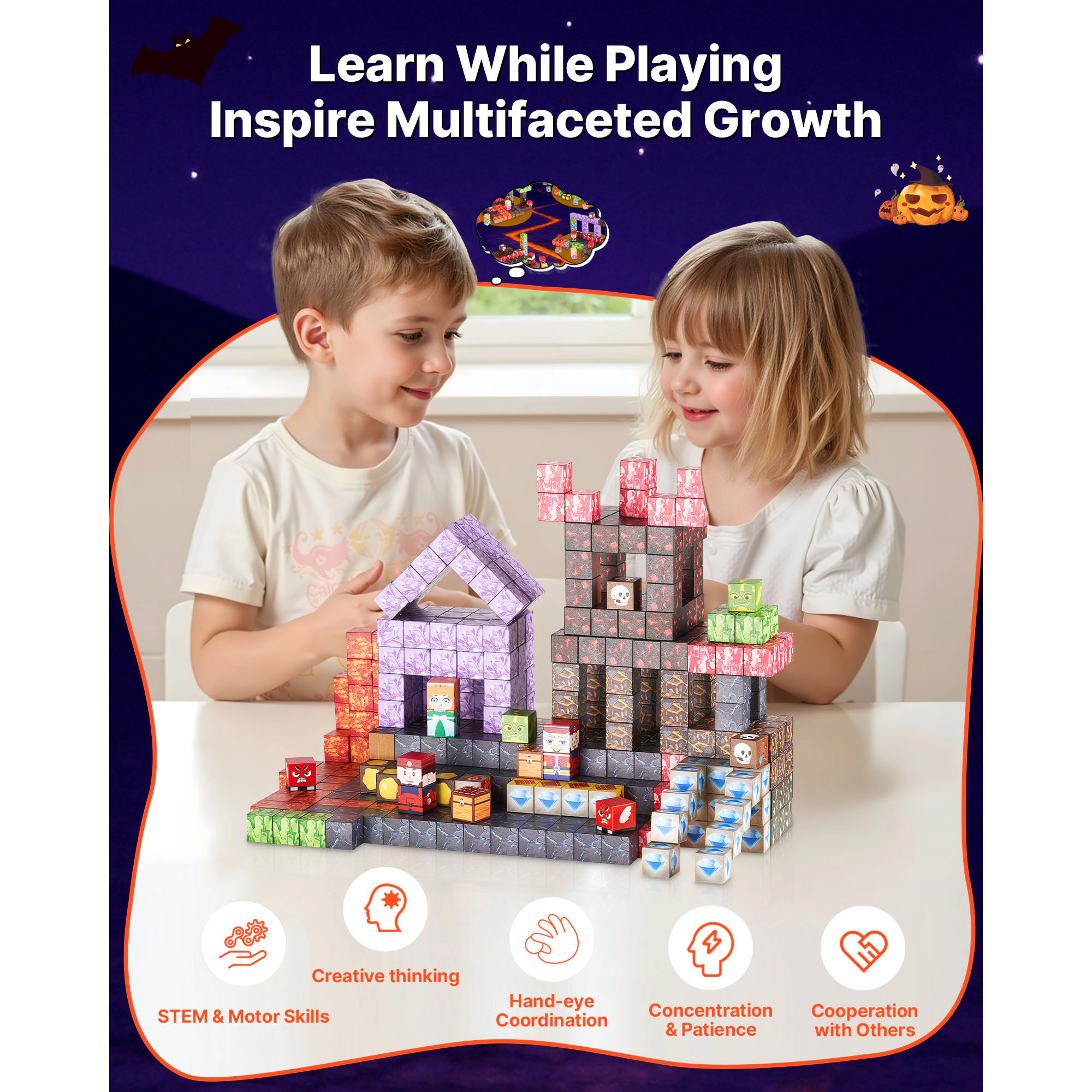 HONGGE Magnetic Blocks Dark Castle Set Magnetic Building Cubes for Kids STEM Montessori Sensory Toys for Christmas