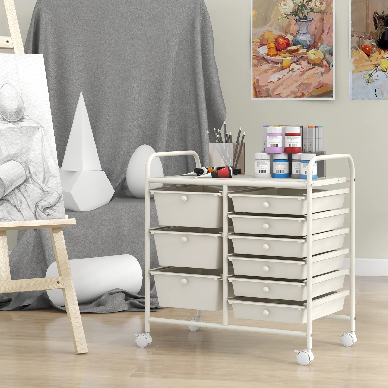 SUGIFT 9-Drawer Rolling Storage Cart with Metal Frame and PP Drawers 22-lb Tabletop Capacity White