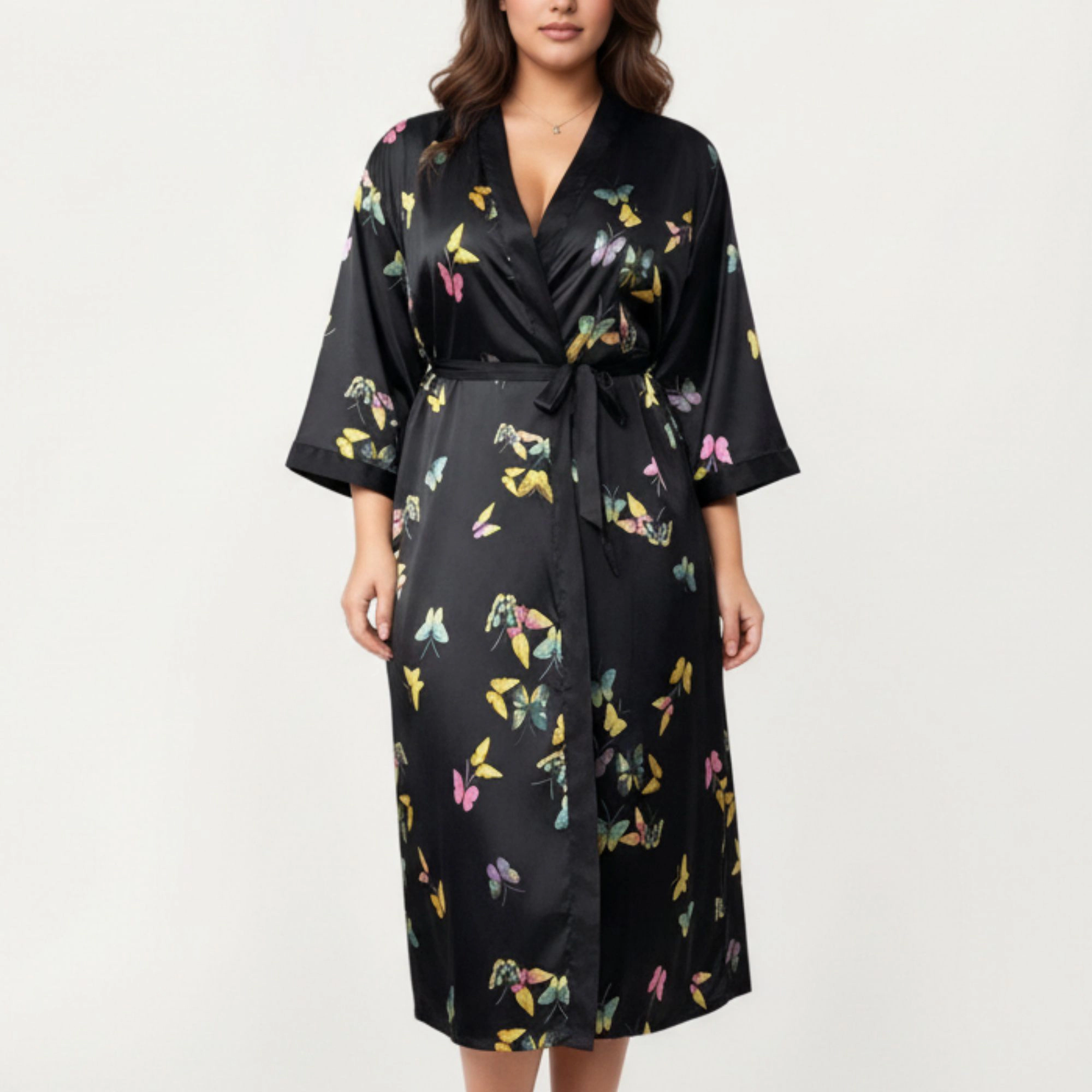 Anna-Kaci Women's Plus Butterfly Print Satin Robe with Wrap Front Design Wide Sleeves and Adjustable Tie Waist Belt