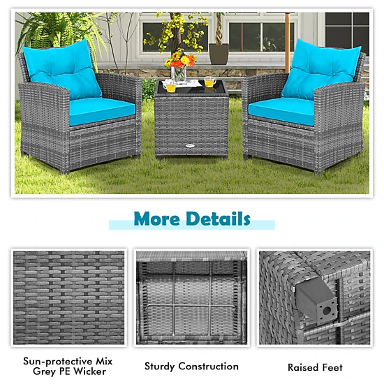 SUGIFT 3-Piece Gray Rattan Balcony Lounge Set with Cushioned Chairs and Glass Table