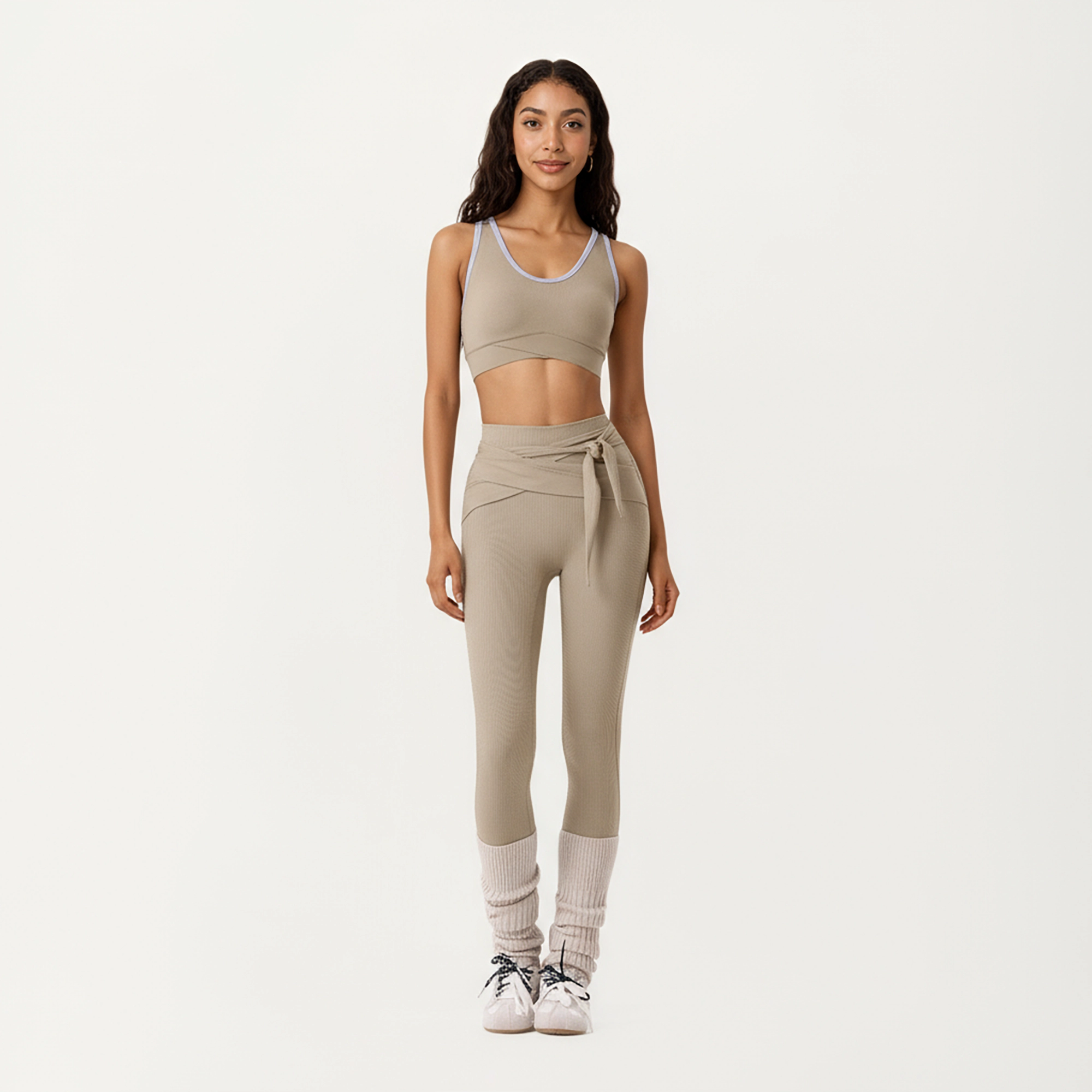 Anna-Kaci Active Women's Ribbed Knit High Waist Leggings with Wrap Tie Waistband and Contrast Cuffed Hem