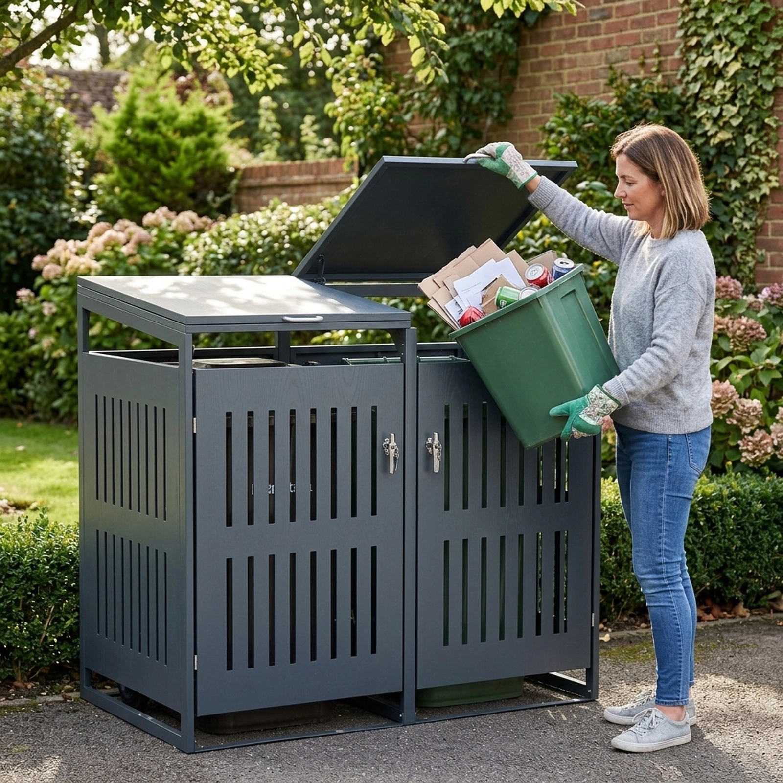 SUGIFT 52-in 44-cu ft 2-Bin Lockable Metal Outdoor Trash Can Storage Shed with Gas Struts and Slant Roof