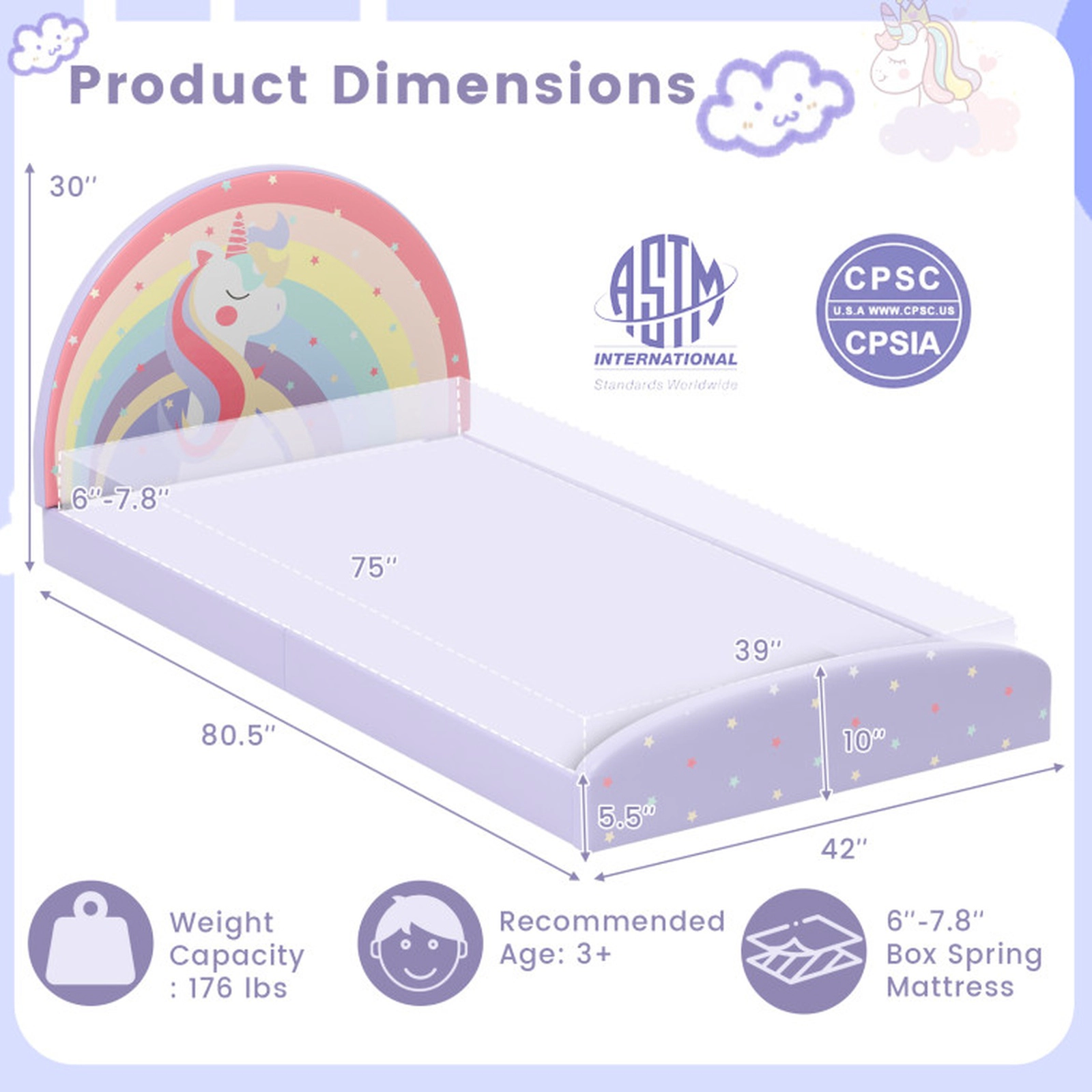 SUGIFT Upholstered Twin Floor Bed Frame with Rainbow Unicorn Headboard 176-lb Capacity Ages 3+ Purple