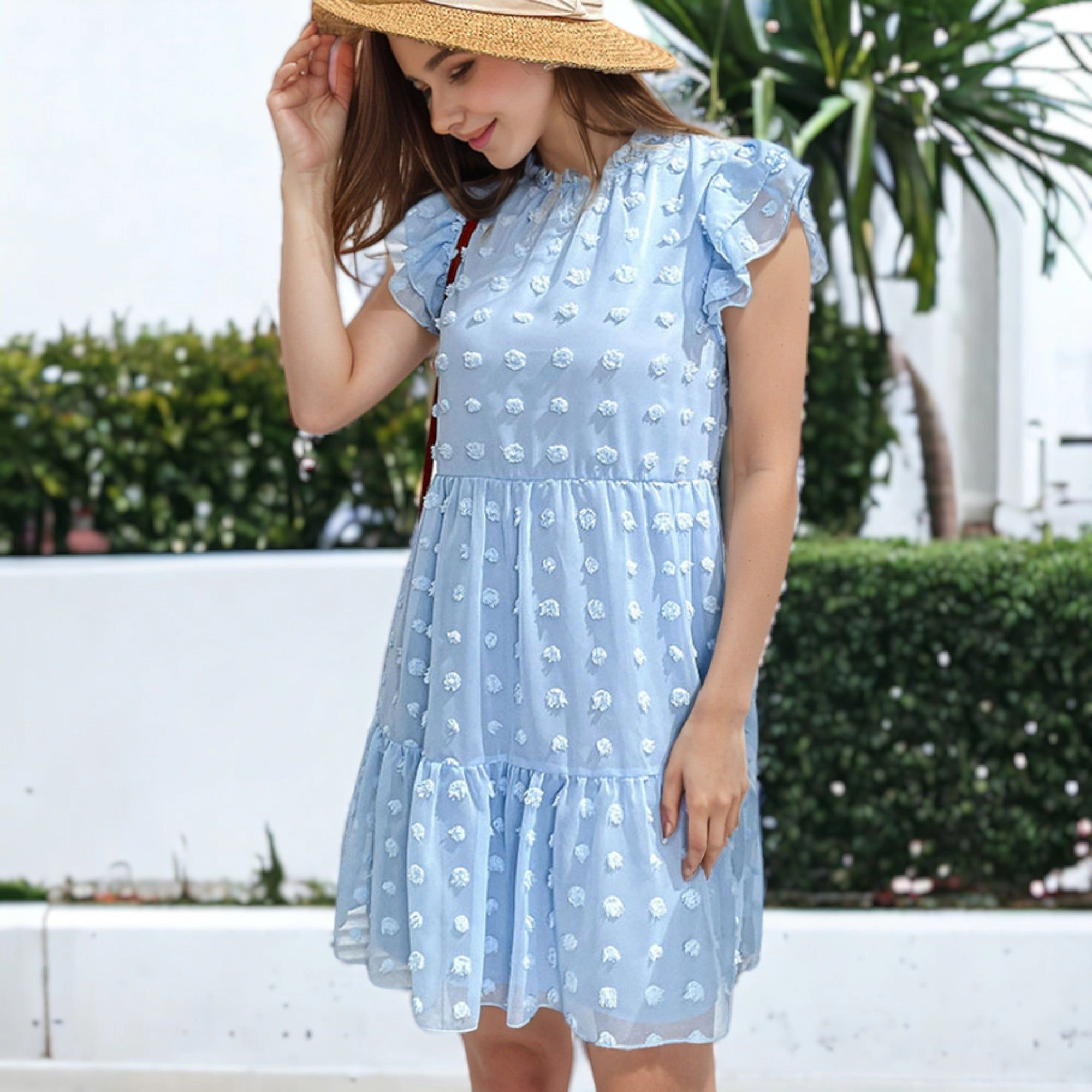 Anna-Kaci Women's Summer Swiss Dot High Neck Short Sleeve Ruffle Loose Dress