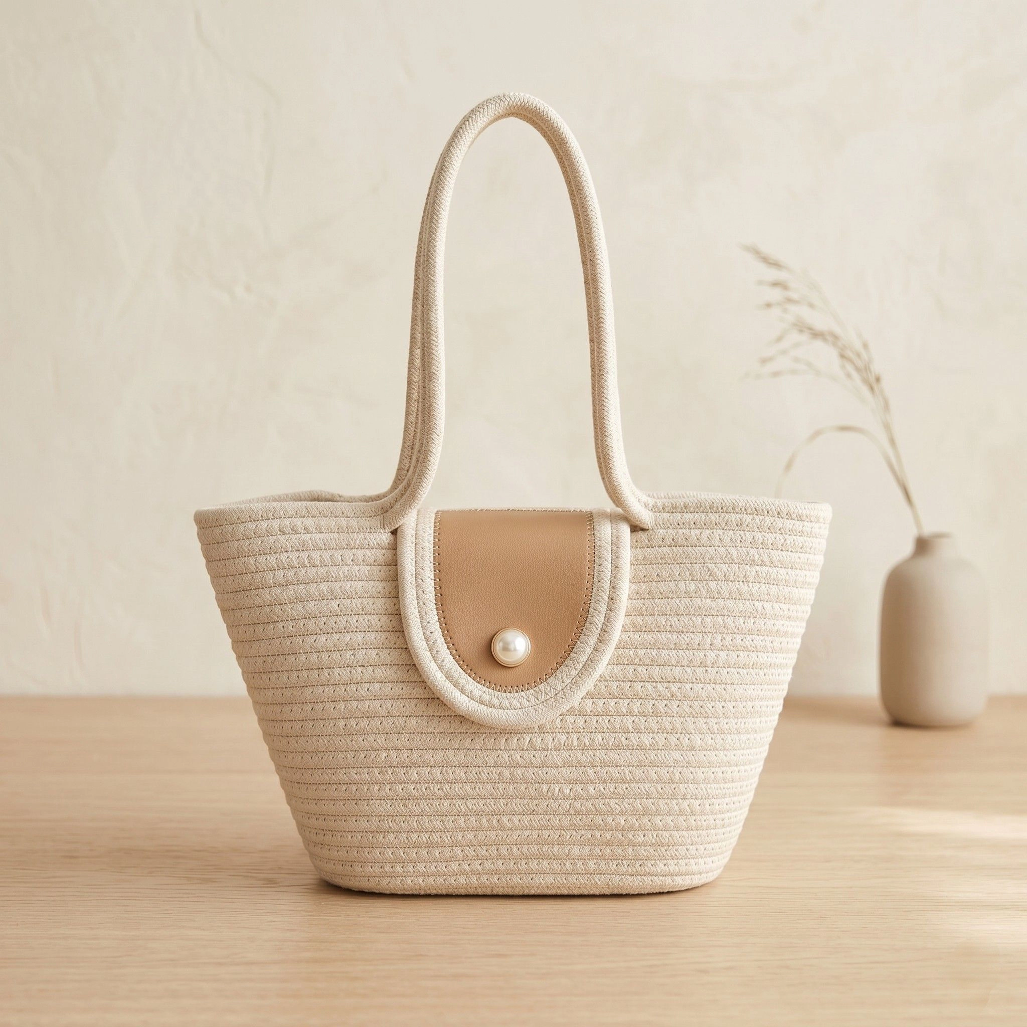 Alilang Women's Woven Rope Tote Bag with Flap Cover Pearl Button Large Capacity Shoulder Carryall, Beige