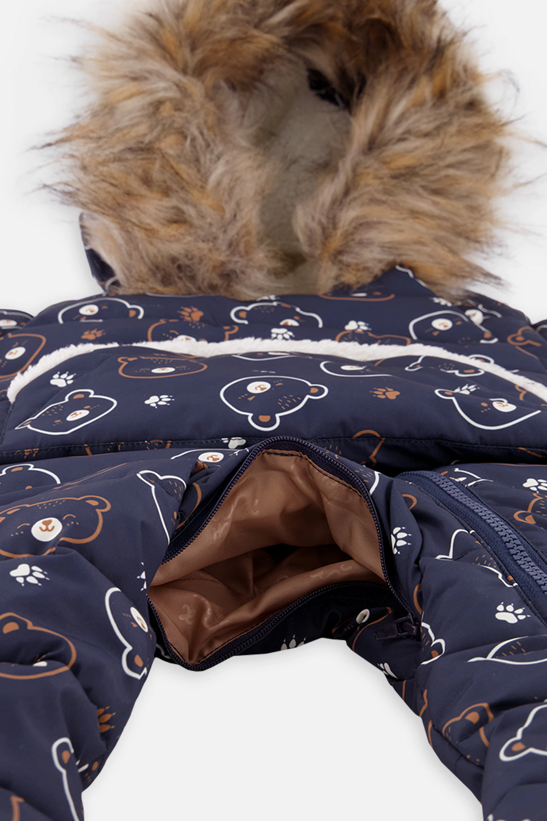 Deux par Deux Girls Snug Teddy Bear Print One Piece Snowsuit Adapted for Car Seats with Faux Fur-Trimmed Hood