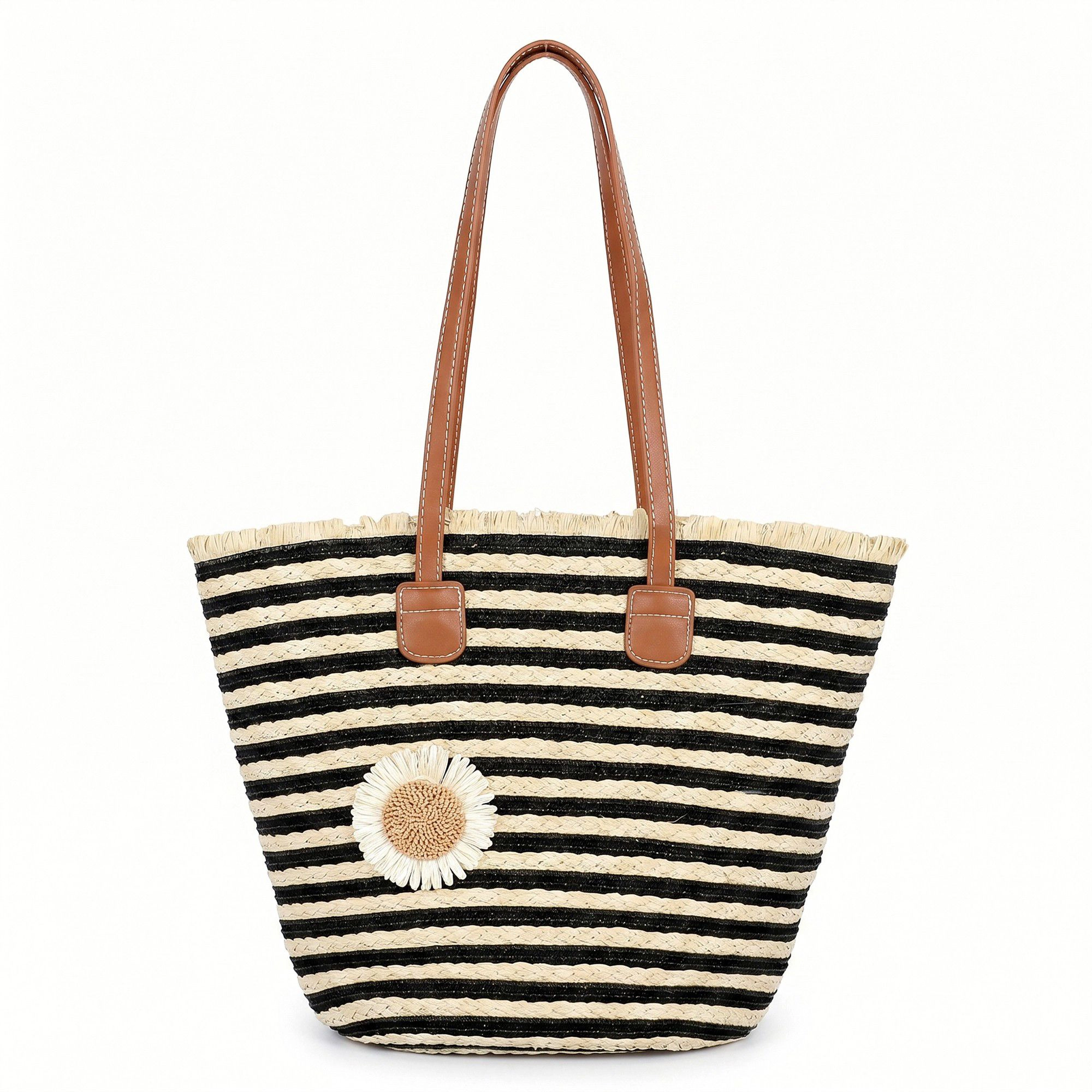 Alilang Women's Striped Woven Tote Bag with Dual Shoulder Straps Frayed Edge Trim and Floral Charm Detail