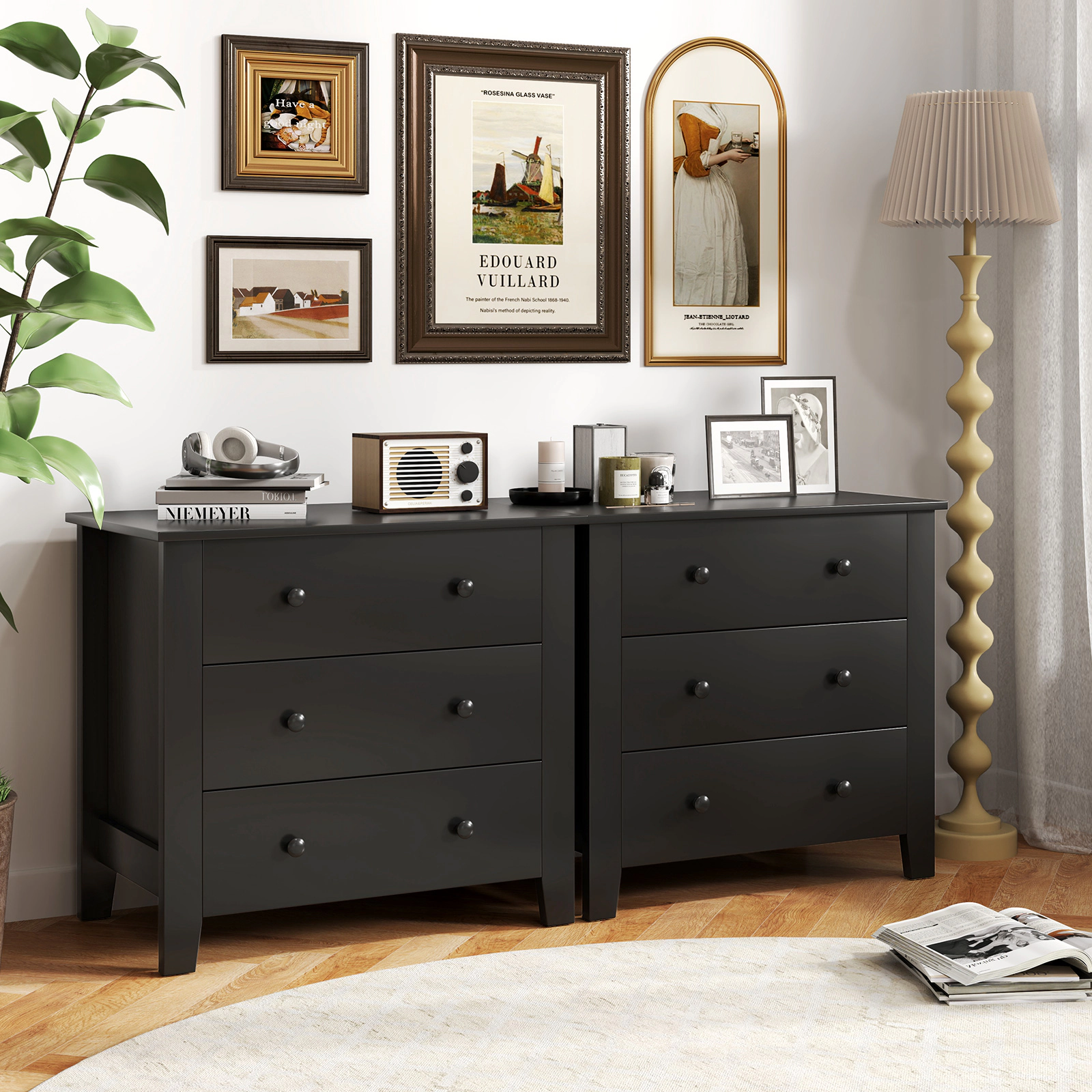 SUGIFT 3-Drawer MDF Dresser Chest of Drawers 220-Lb Capacity 28-in Tall Bedside Table 57-Lb Net Weight Black Wood Grain