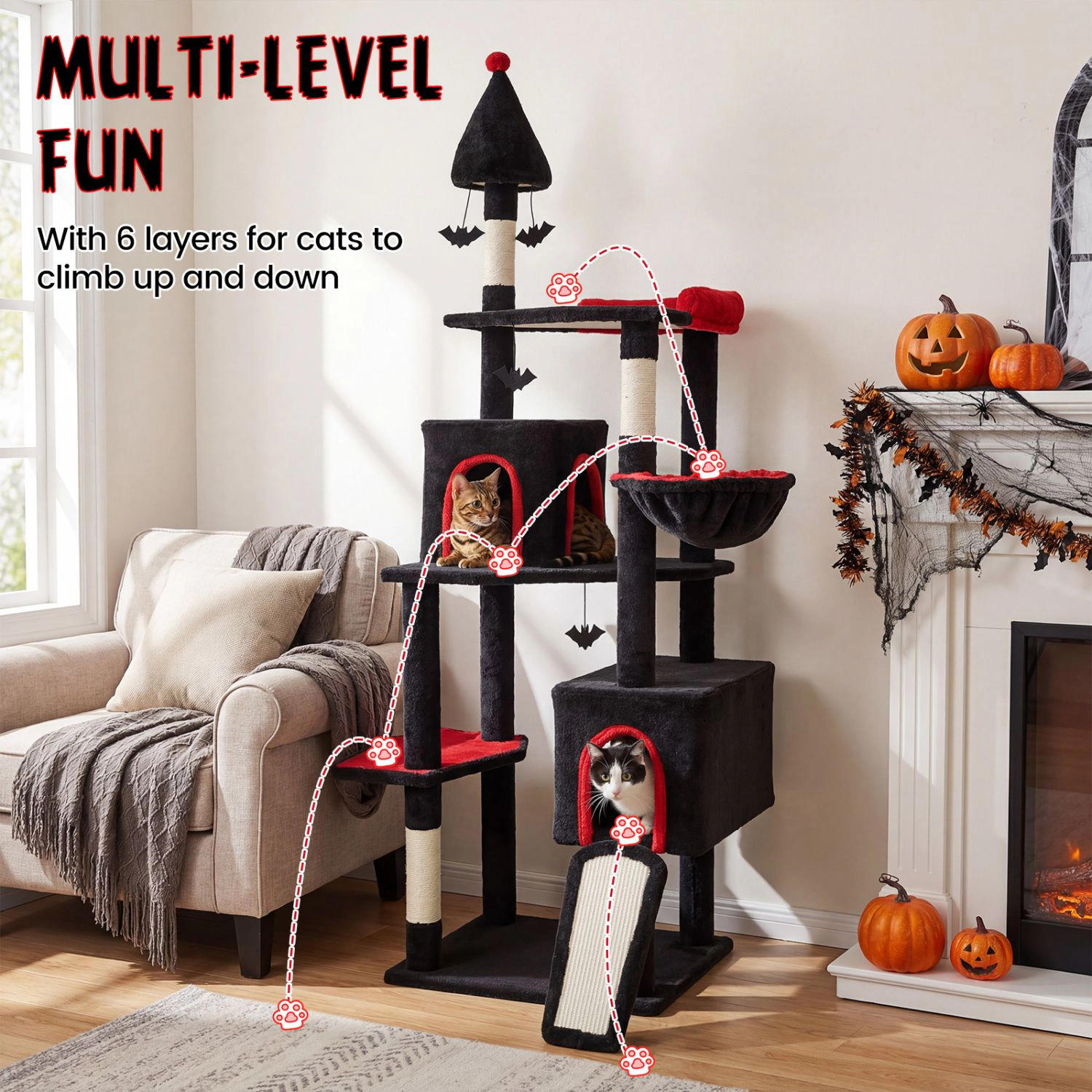 SlickBlue 75" Gothic Cat Tree Tower with 2 Condos & Scratcher
