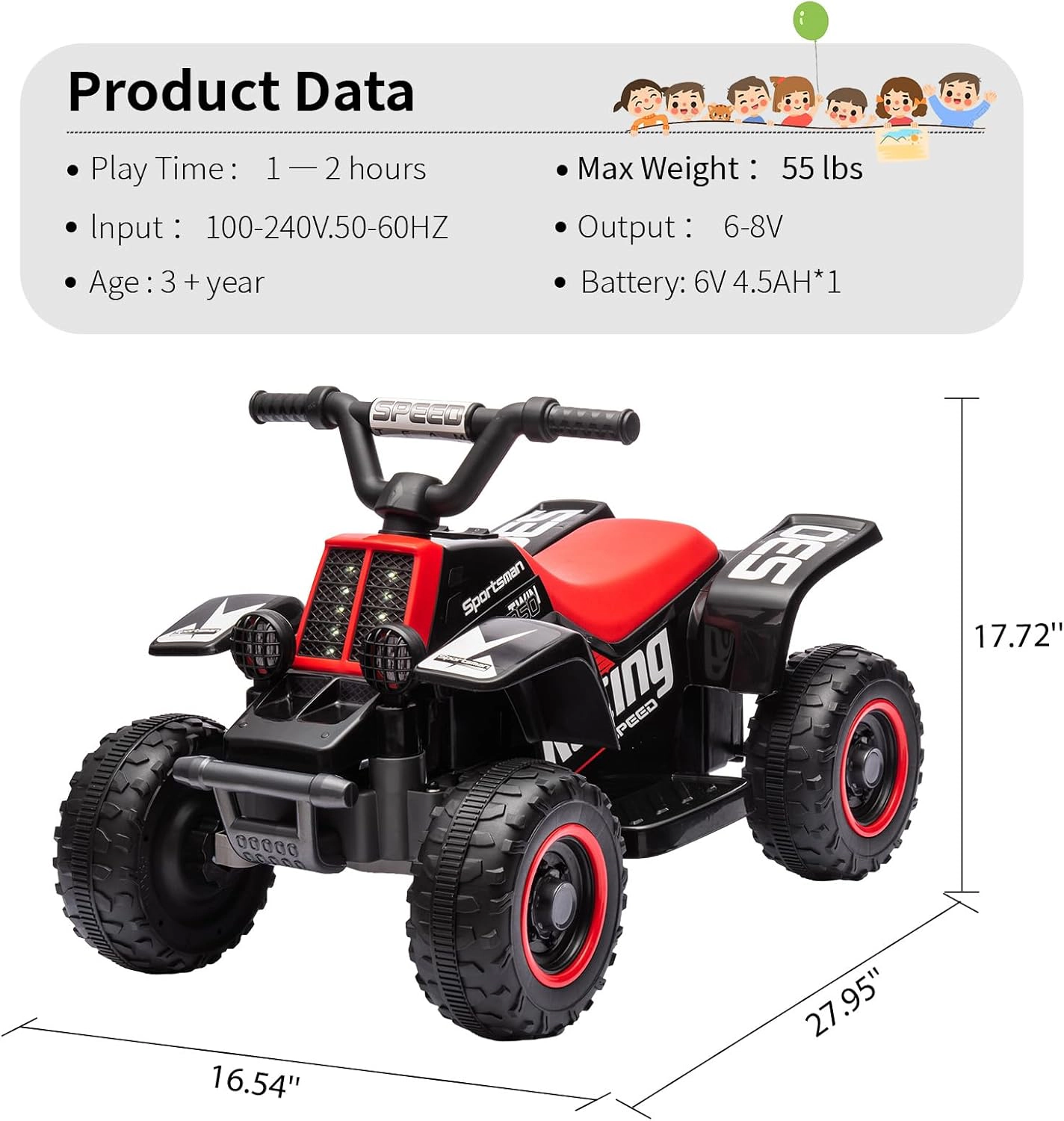 Enjyam 6V Kids Ride On ATV Quad Car, Electric 4-Wheeler w/1.76MPH Speed, Music, LED Lights, Push-Button Start