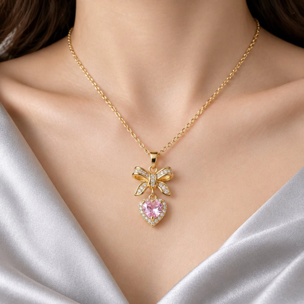 DressAtR Women's 18K Gold Plated Pink Heart Bow Necklace