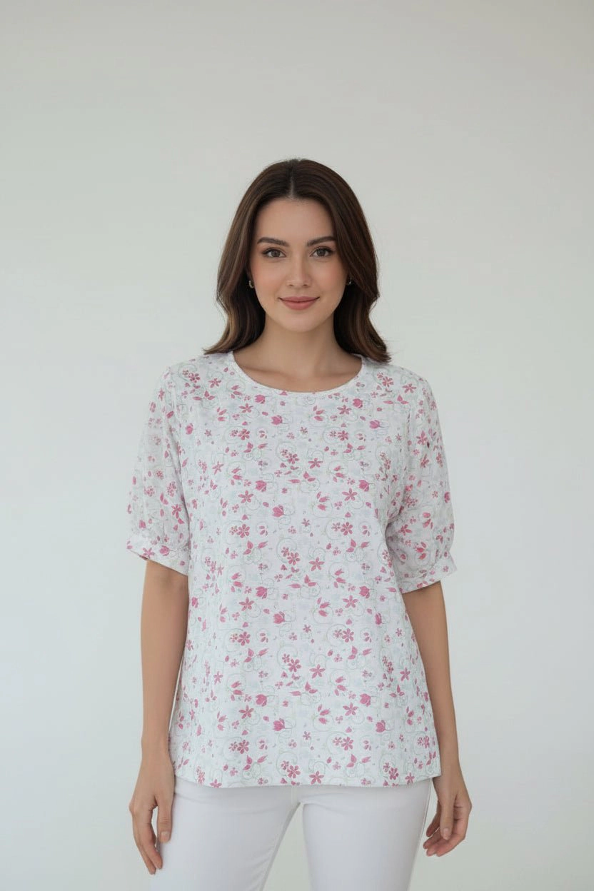 DressAtR Women's Pink Floral Round Neck Elbow Sleeve Back Button Blouse