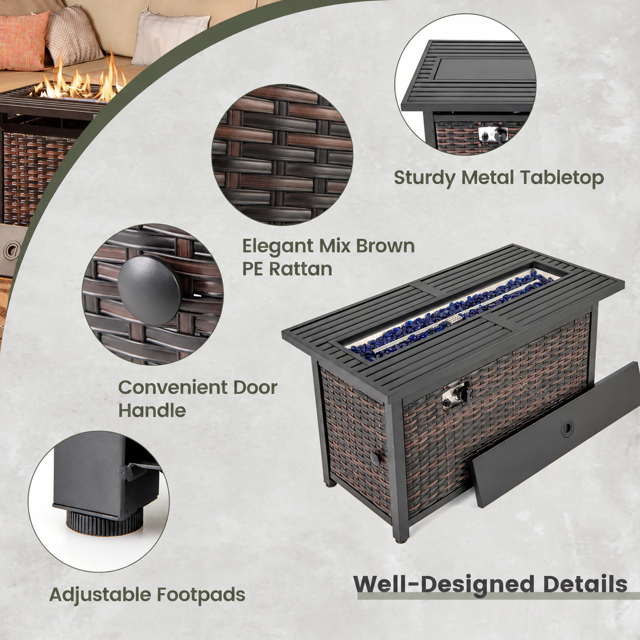 SUGIFT 45-Inch Rattan Propane Fire Pit Table with Glass Stones and 50000 BTU Brown