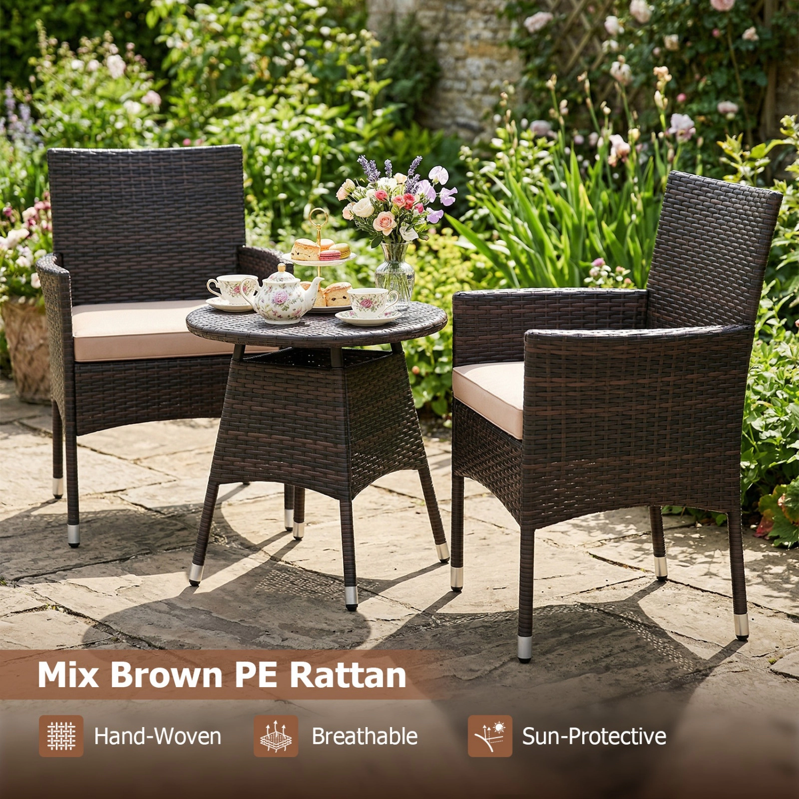 SUGIFT 3-Piece Brown PE Wicker Patio Bistro Set, Reclining Chairs and Round Side Table