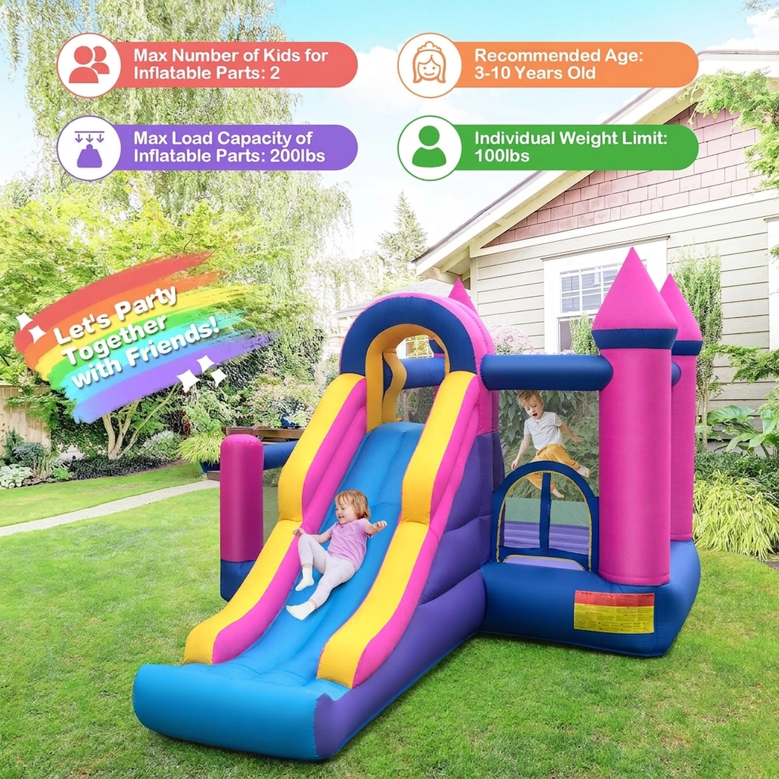 7-in-1 Kids Inflatable Bounce House with 90.5-in Long Slide Basketball Ring Toss Ball Pit and 735W Blower