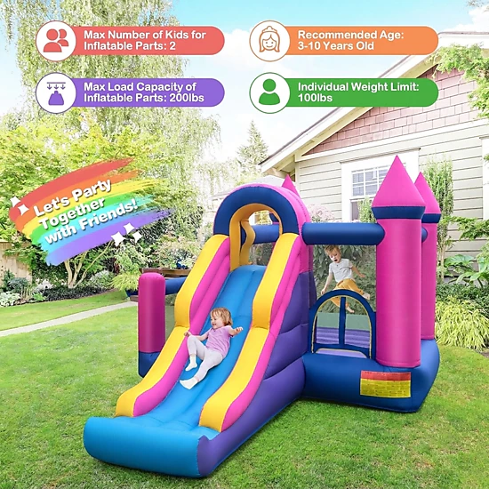 7-in-1 Kids Inflatable Bounce House with 90.5-in Long Slide Basketball Ring Toss Ball Pit and 735W Blower