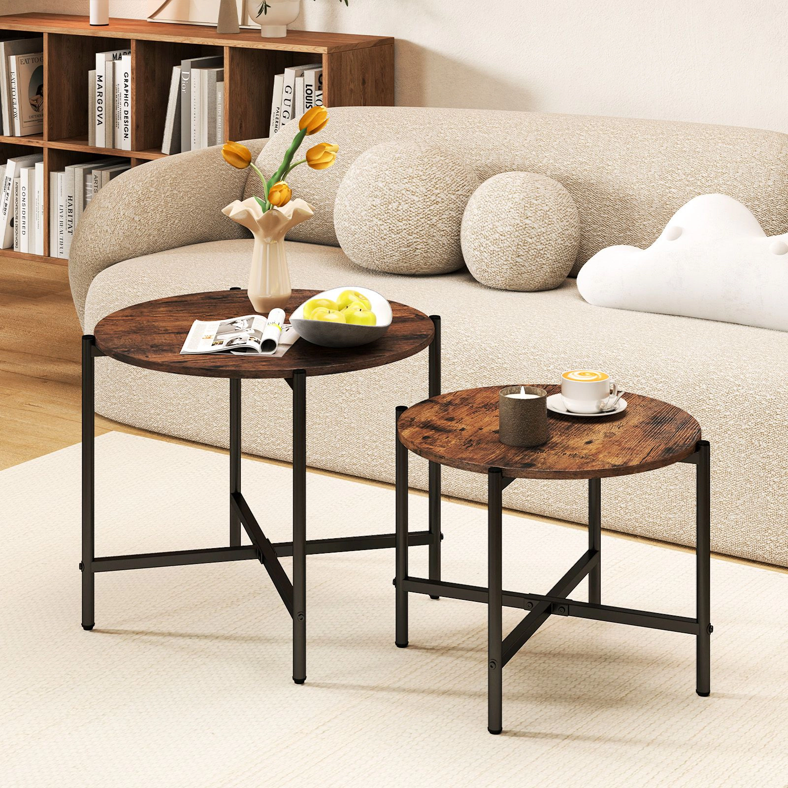 SlickBlue Round Coffee Tables Set of 2 with Metal Frame