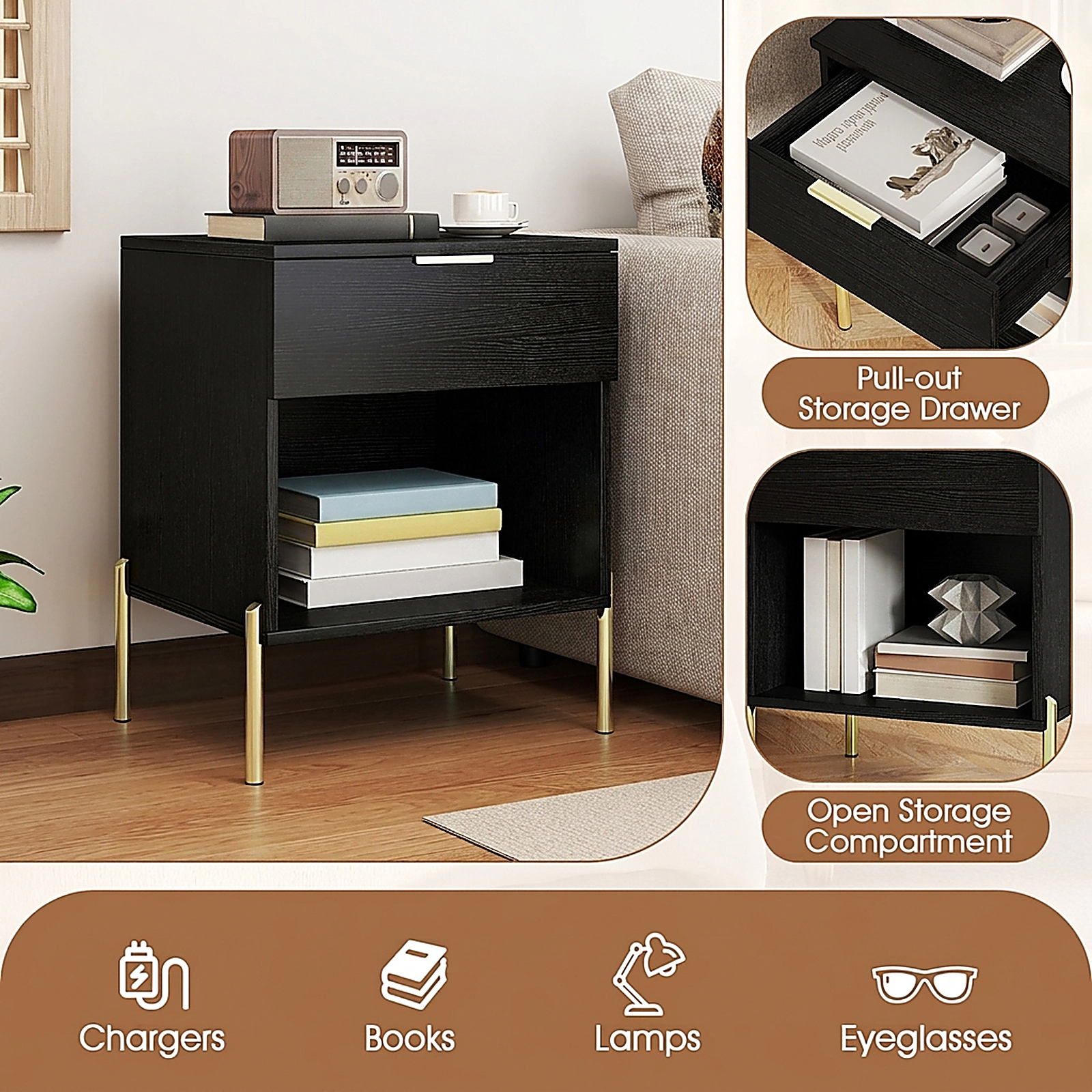 SUGIFT Charging Station Drawer Open Compartment and Metal Legs Modern Nightstand