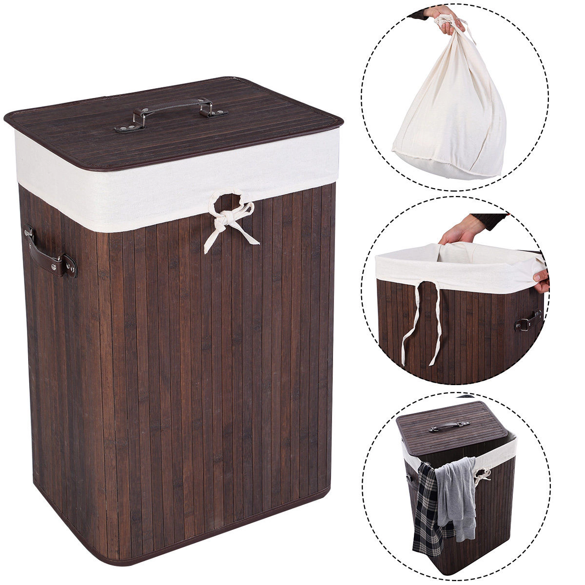 SUGIFT Brown 72L Rectangle Bamboo Clothes Hamper Laundry Basket with Lid Cotton Liner and PU Handles
