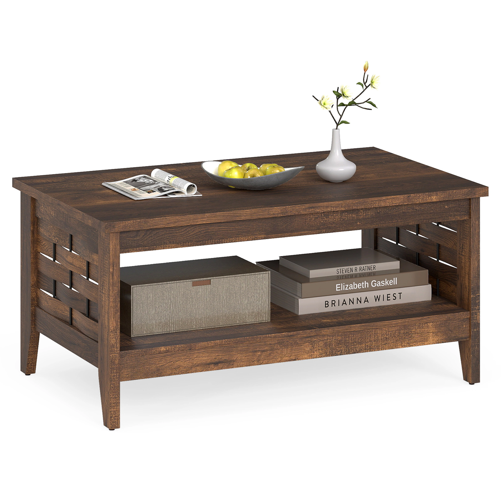 SUGIFT 2-Tier Woven Lattice Open Shelf Farmhouse Coffee Table 39.5-in x 23.5-in x 19-in 135-lb Capacity Rustic Brown