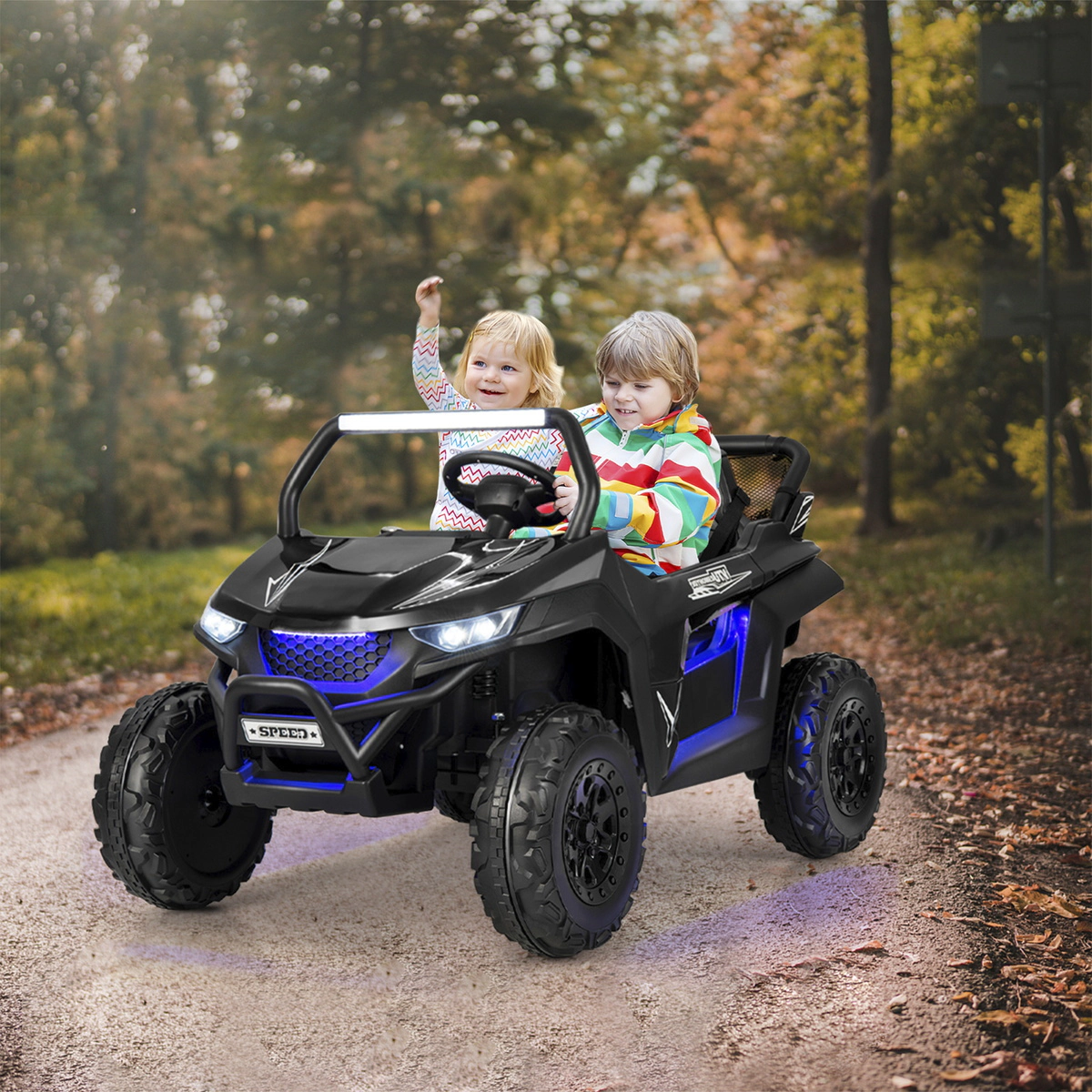 SUGIFT 12V 130-lb Capacity Black 2-Seater Kids Ride On UTV with Remote Control Spring Suspension and Lockable Doors