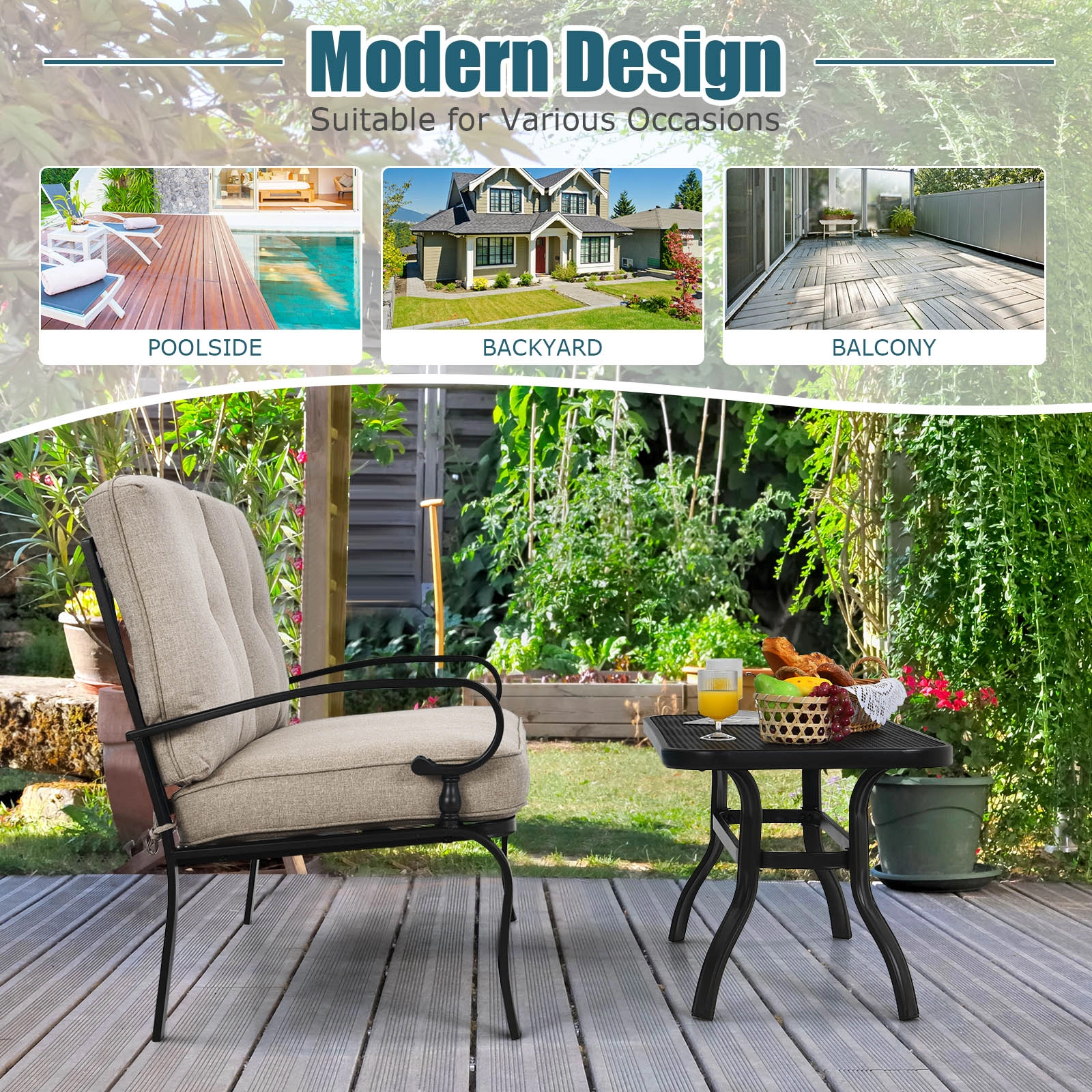 SUGIFT 2-Piece Steel Patio Conversation Loveseat Bench and Coffee Table Set 550-lb Capacity with Cushions Beige