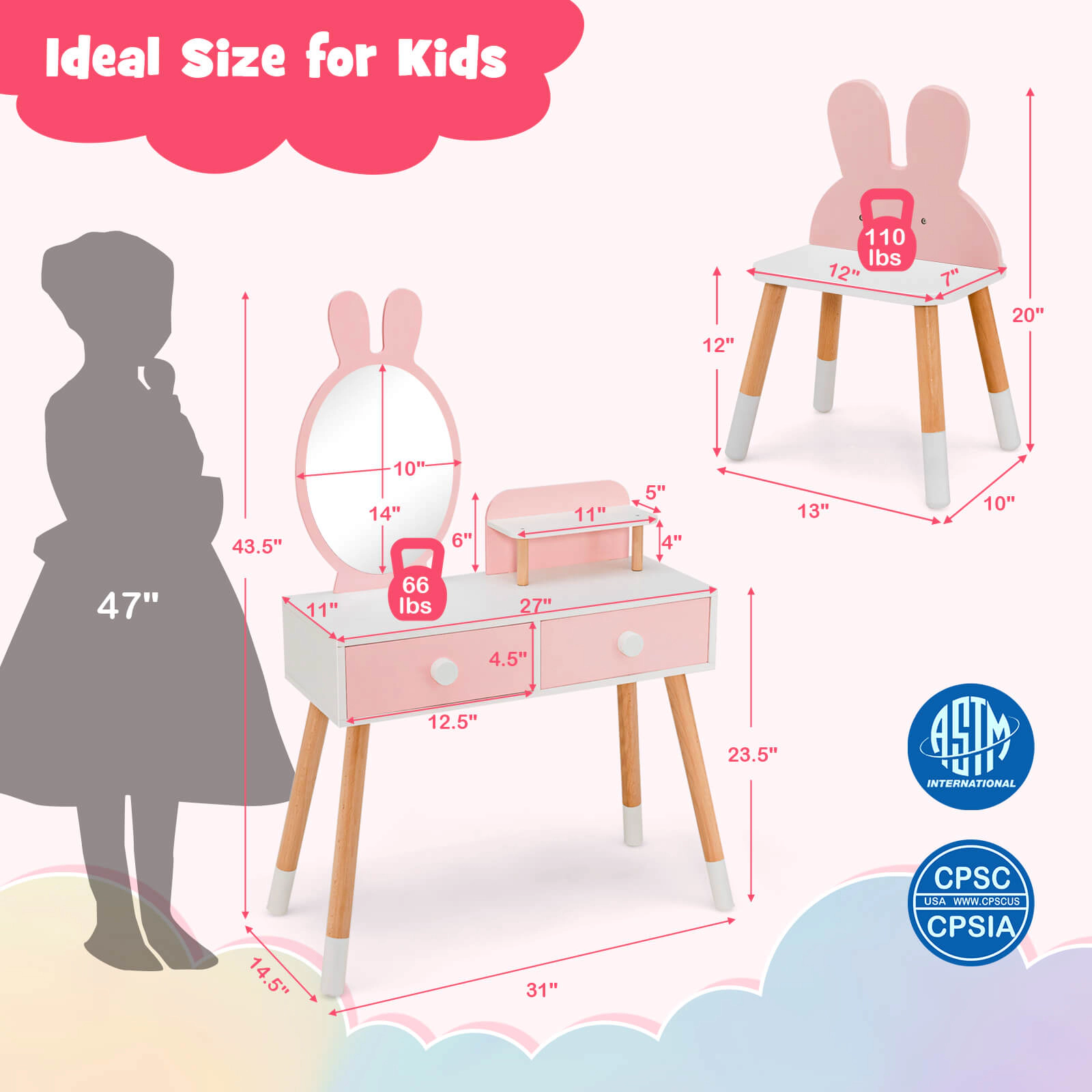 SUGIFT Kids Vanity Table & Chair Set with Drawer Shelf & Rabbit Mirror 66-lb Tabletop 110-lb Stool Capacity Pink/White