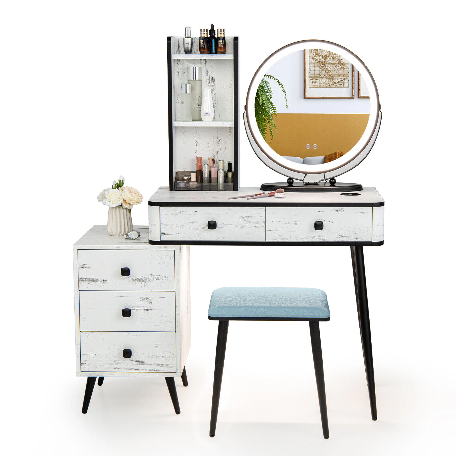 SUGIFT White Vanity Table Set with 3-Color Lighted Mirror, Wireless Charging and 3-Drawer Chest