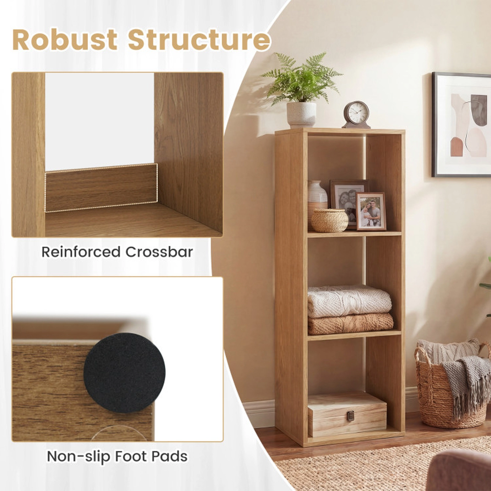 SUGIFT 3-Cube Engineered Wood Bookshelf with Back Guardrail 145-lb Capacity 41-in Tall 3-Piece White Natural Black Brown