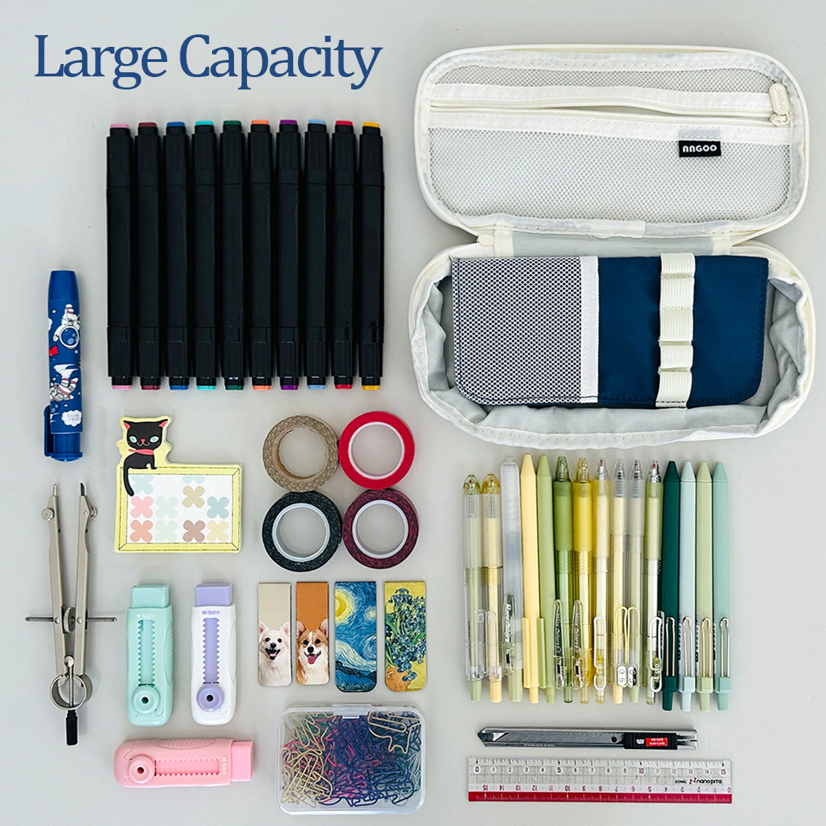 Wrapables Expandable Large Capacity Pencil Case and Stationery Set, Highlighter Tape