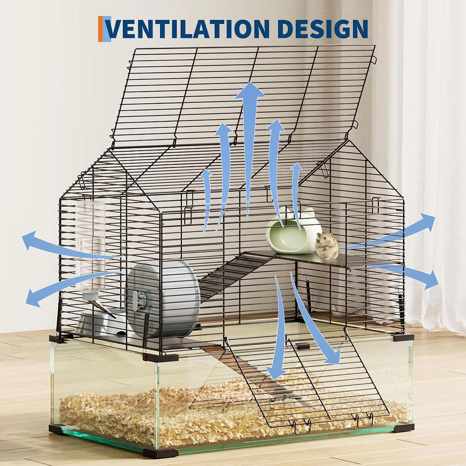 58x54x38cm Glass-Metal Hamster Gerbil Cage, 360 View Small Animal Habitat with Full Accessories