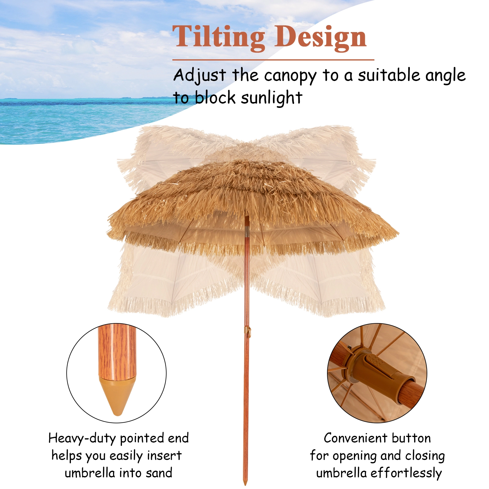 SUGIFT 6.5-ft Portable Thatched Tiki Beach Umbrella with Adjustable Tilt Iron Pole Khaki