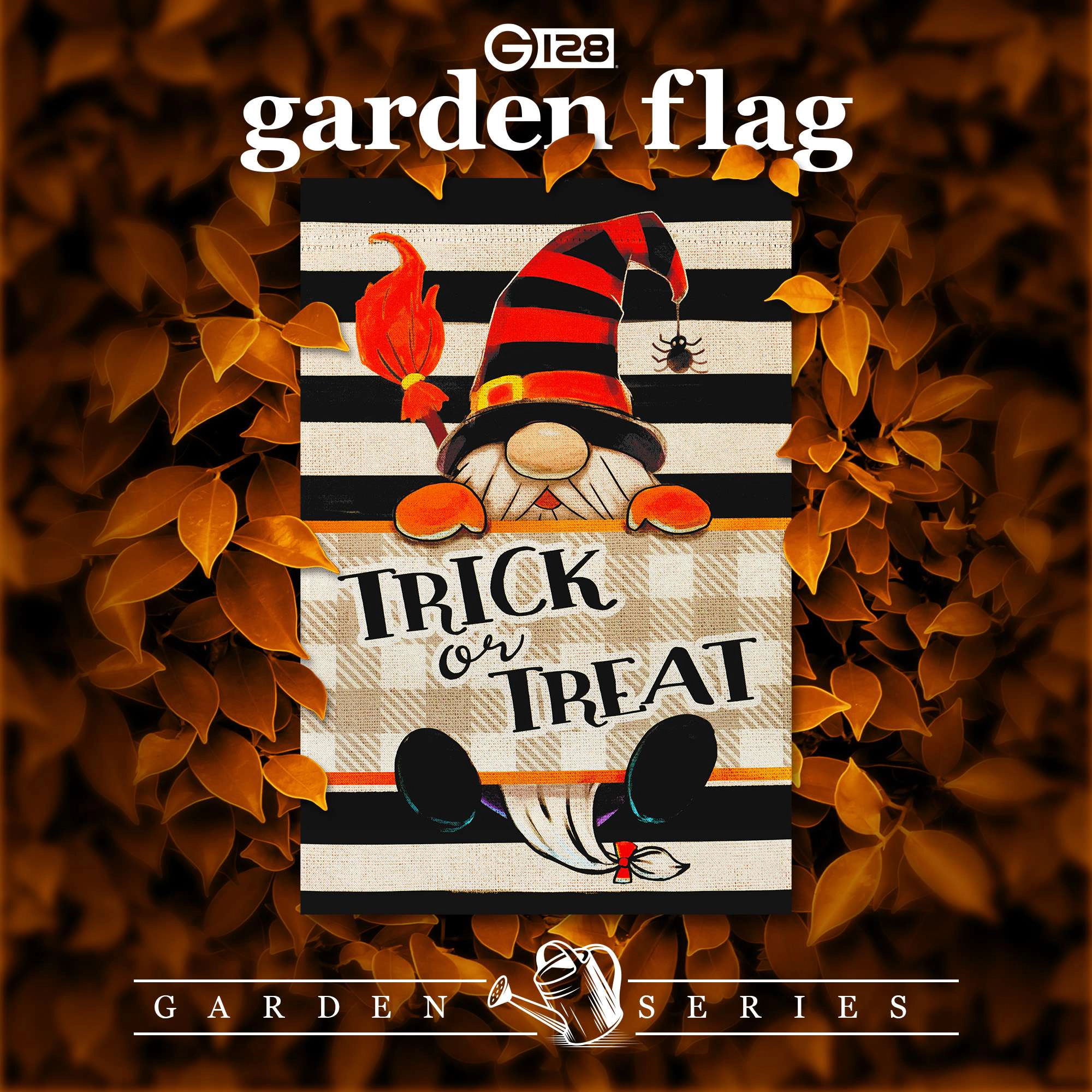 G128 Halloween Trick or Treat Gnome Garden Flag 12x18 Inch Double-Sided Outdoor Decoration