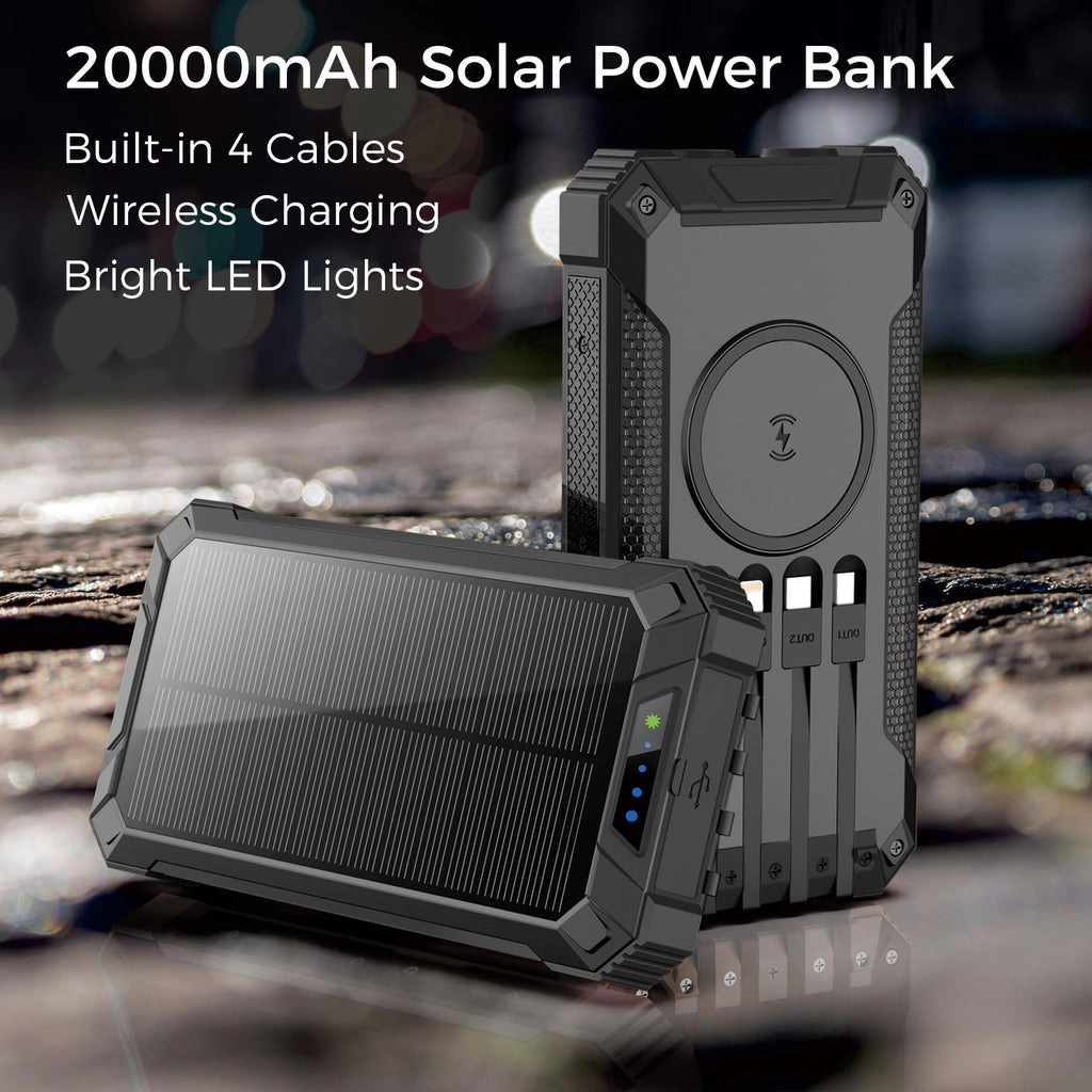 Alpha Digital 20,000mAh, Solar, 4 Cables, Wireless Charging - Power Bank
