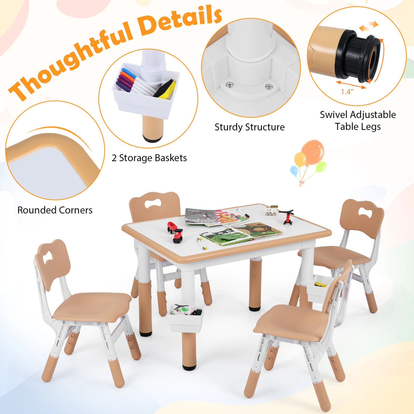 SUGIFT Height Adjustable Kids Table & Chairs Set Graffiti Desktop & 2 Storage Baskets 220-lb Capacity Ages 18+ Months