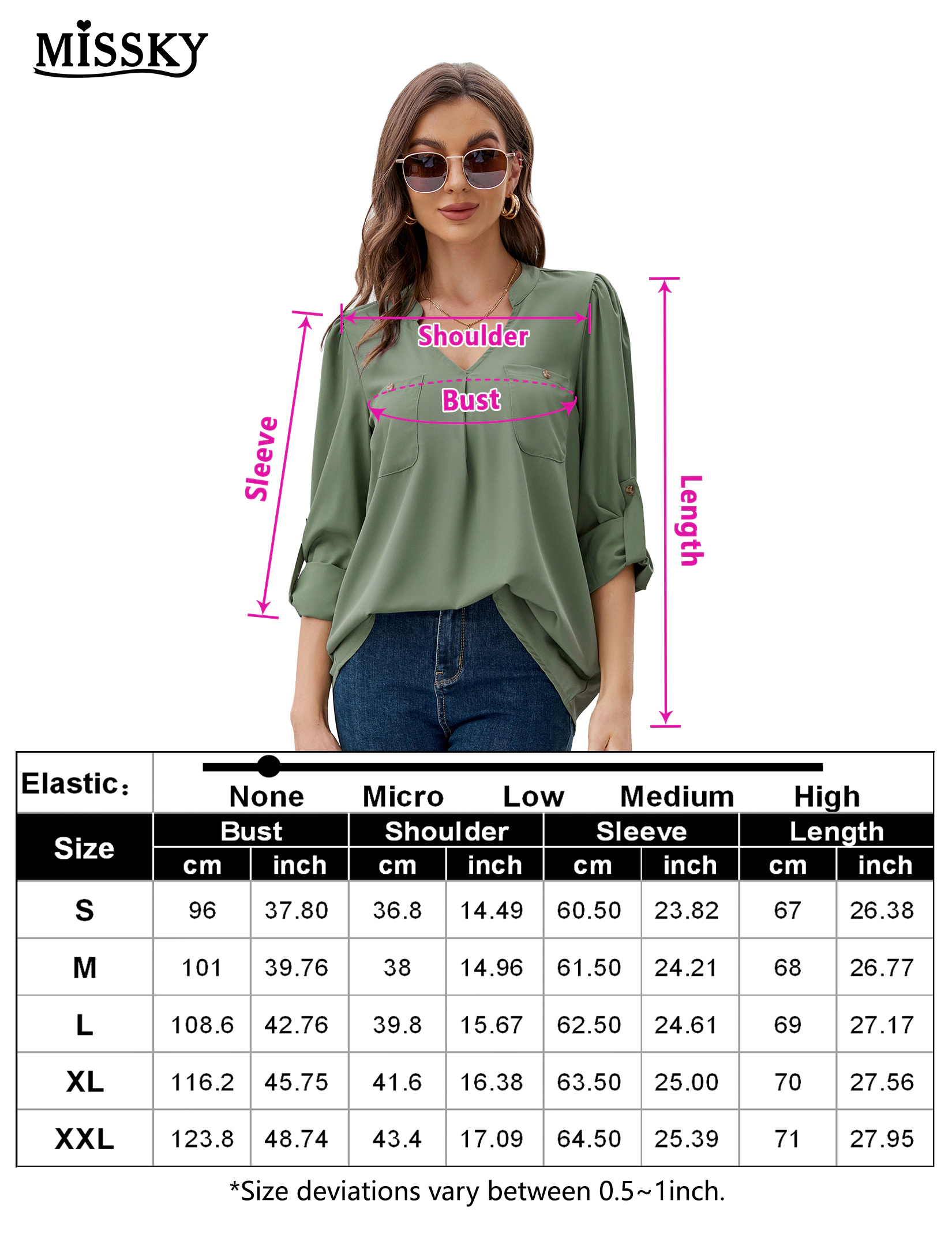 KOJOOIN Women's Chiffon Blouse Split V Neck Roll Tab Long Sleeve Tunic Top Casual Office Business Shirt