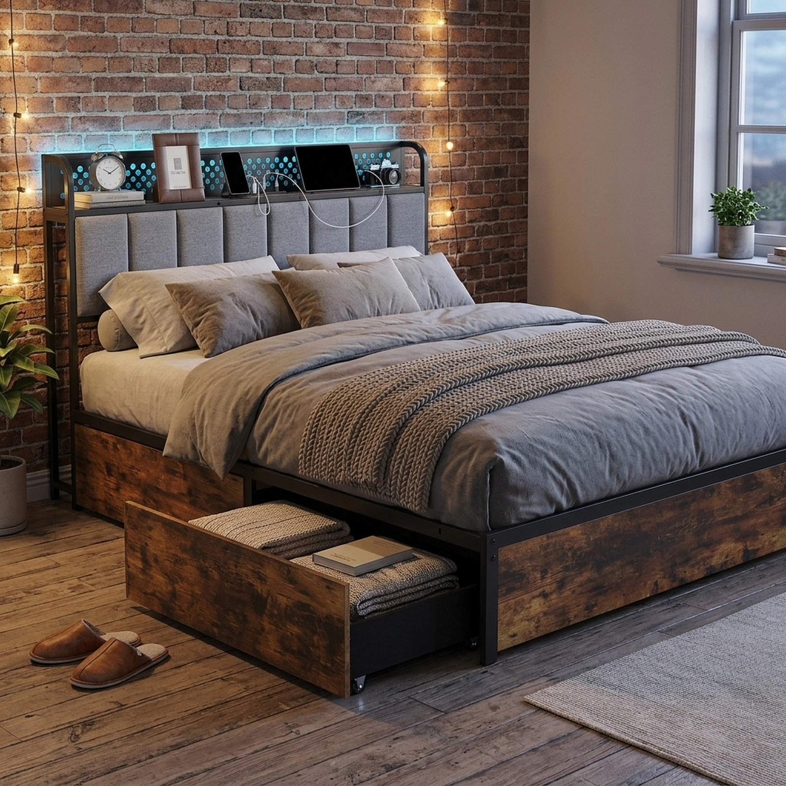 SUGIFT Full Size Storage Bed with 4 Drawers, LED Headboard, Rustic Brown