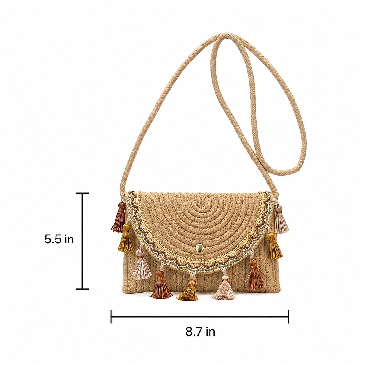 Alilang Women's Boho Woven Fabric Crossbody Bag with Tassel Trim and Magnetic Closure, Beige