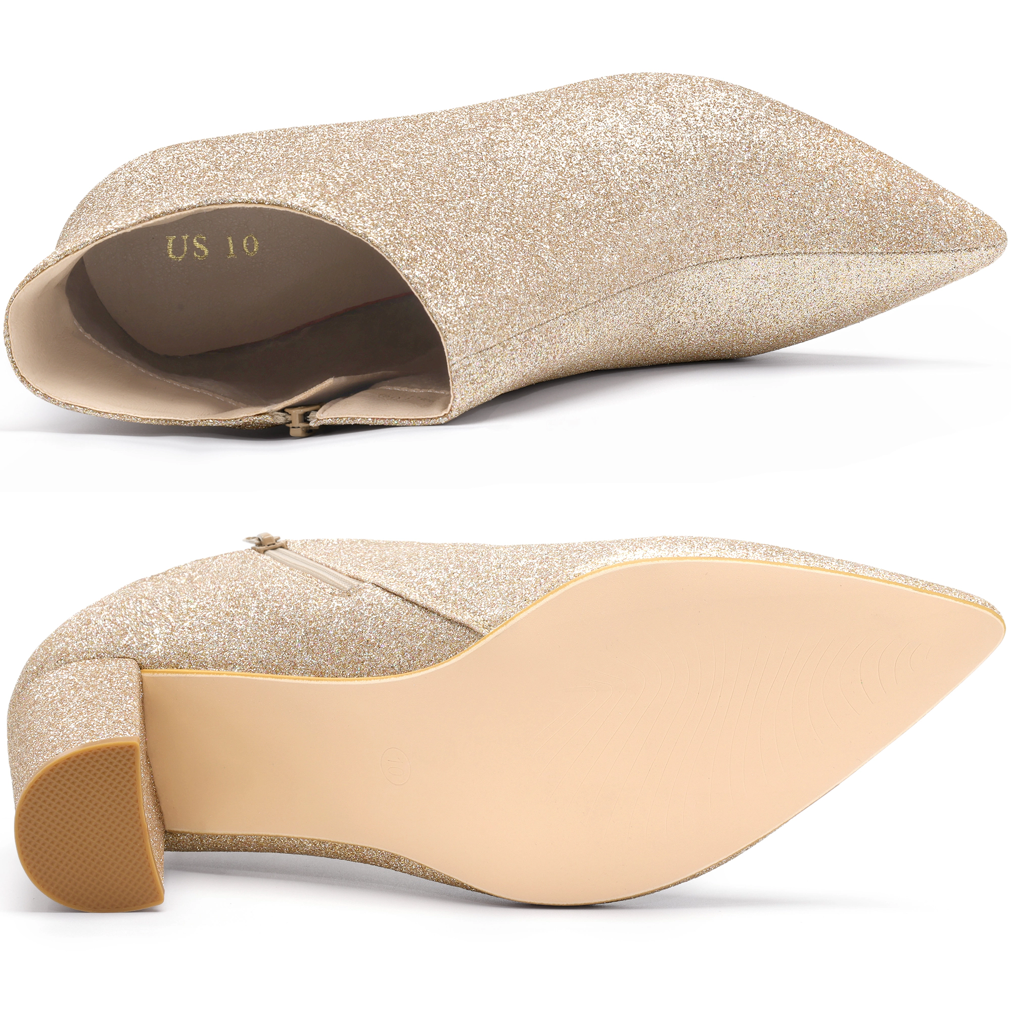 BLISSFUL STEP Women Allegra K Glitter Pointed Toe Block Heel Ankle Booties