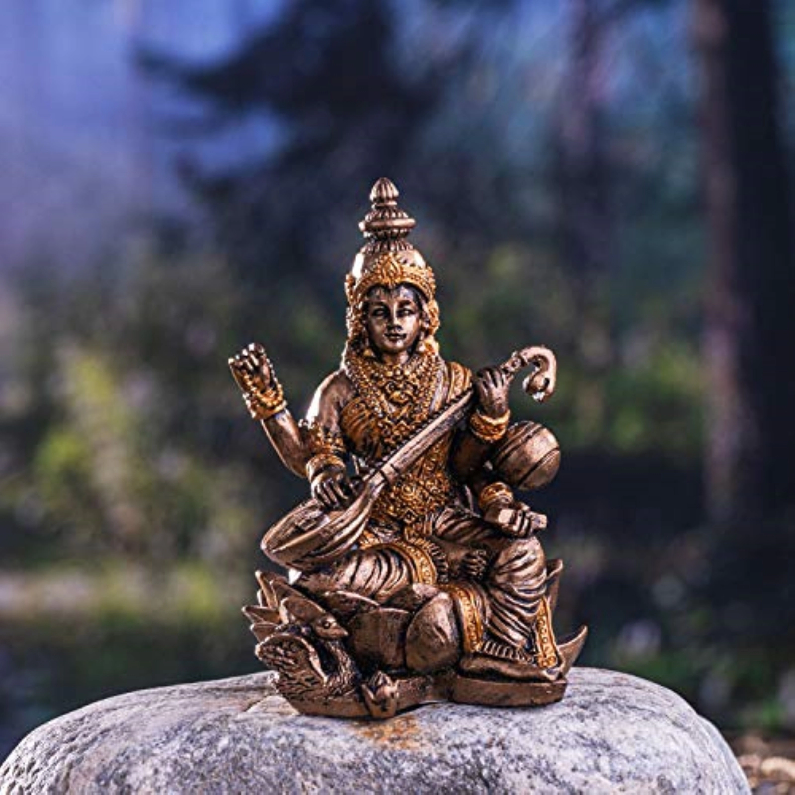 Pacific Giftware Hindu God Saraswati Miniature Resin Gold Figurine Statue 2.75 inch
