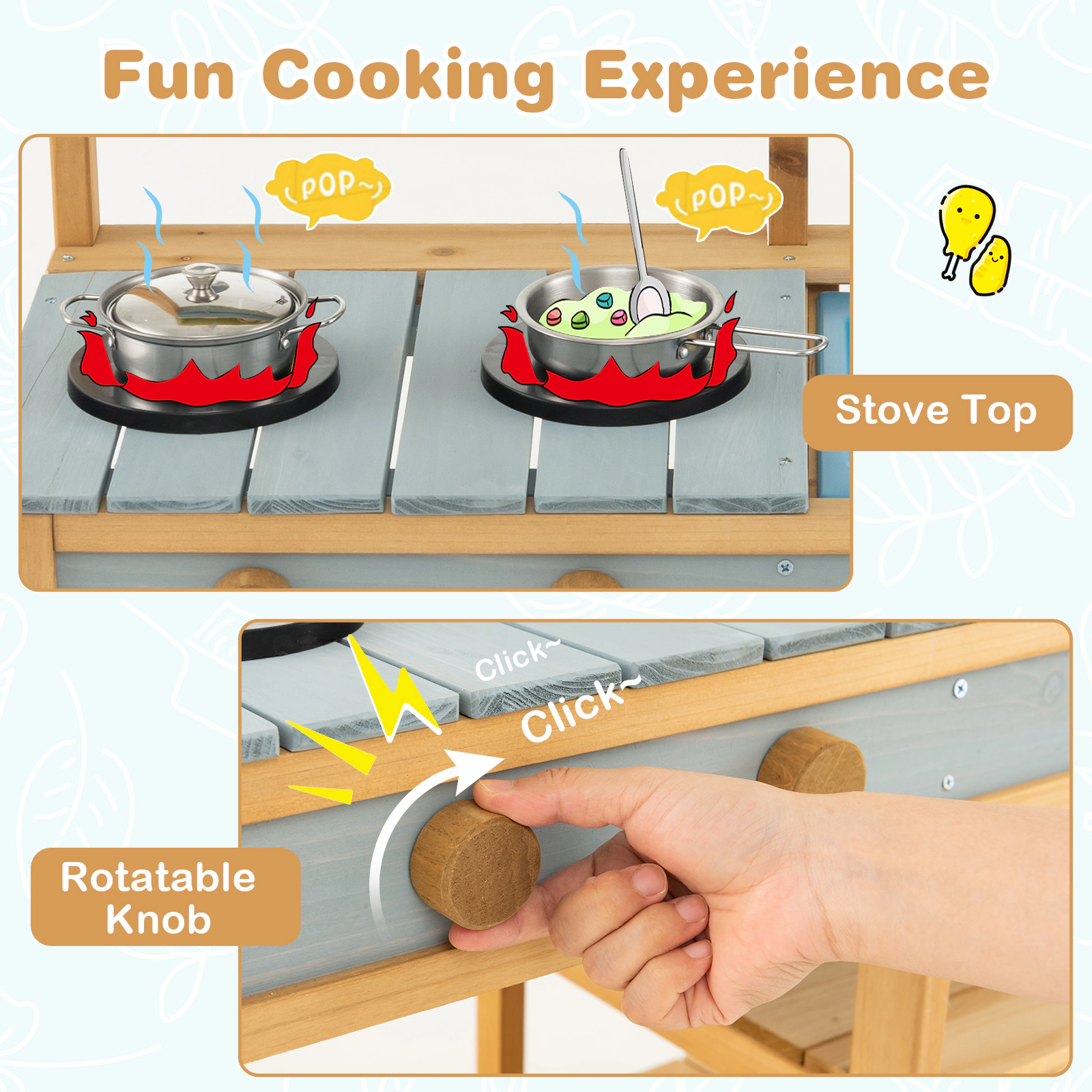 SUGIFT Natural Faucet Water Box and Removable Sink Outdoor Kids Wooden Mud Kitchen