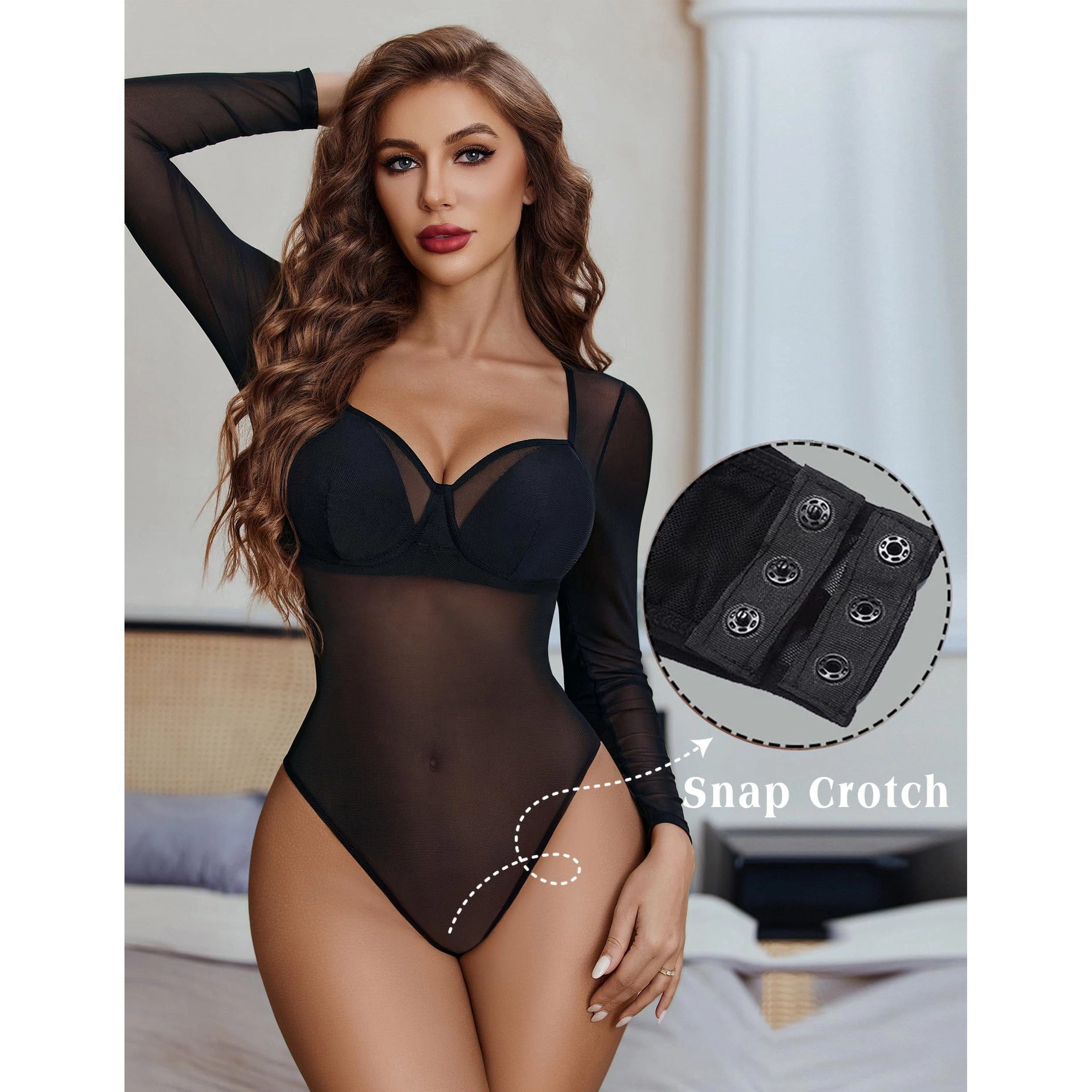 Avidlove Women's Lace Mesh Long Sleeve Bodysuit Jumpsuit