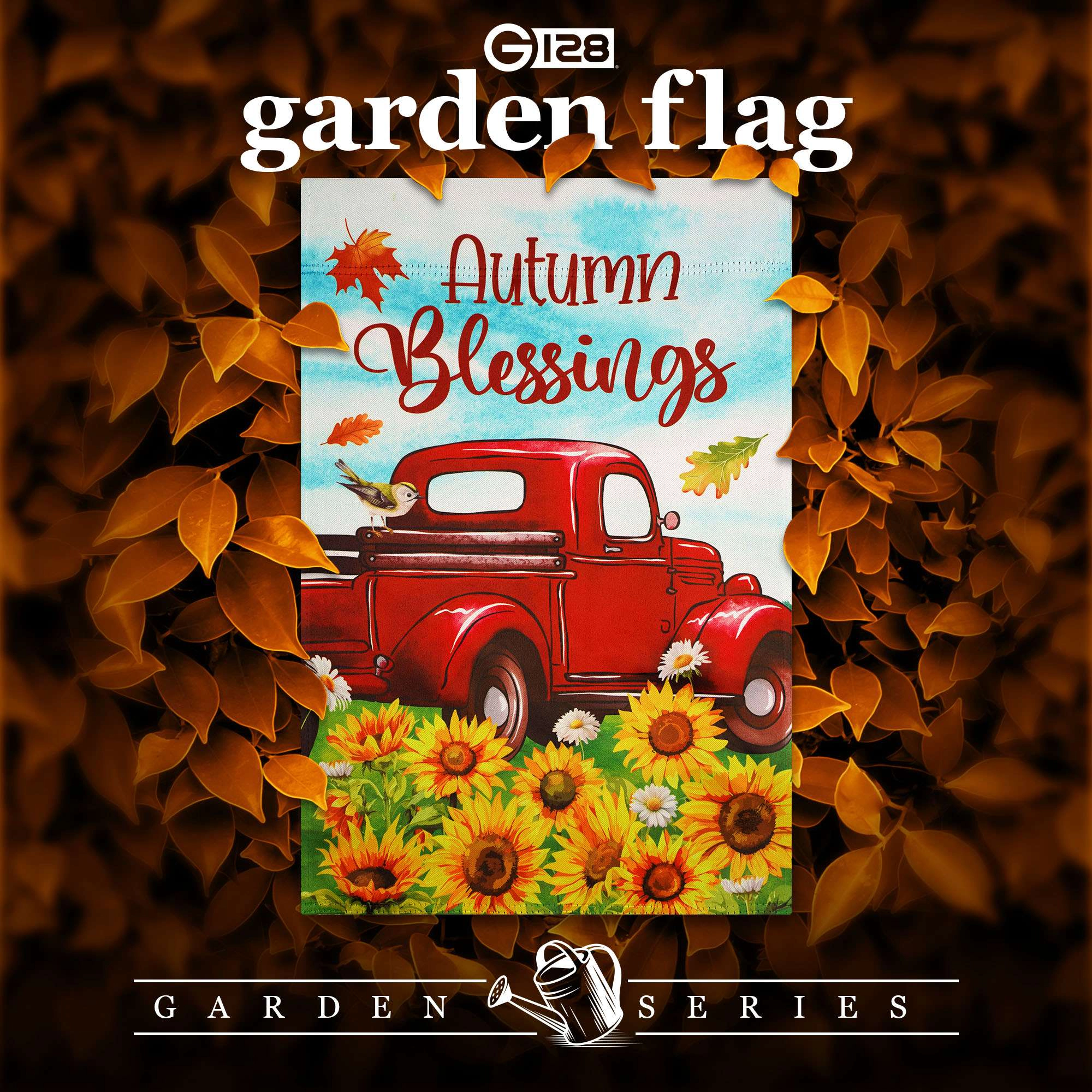G128 Autumn Blessings Red Truck Sunflower Garden Flag 12x18, Double-Sided Fall Yard Decoration