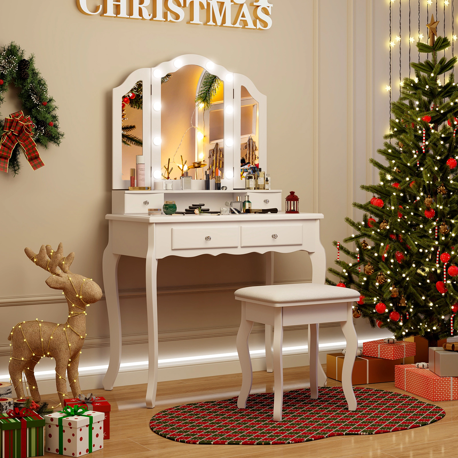 SUGIFT Makeup Vanity Set, 54.5-in Table, Lighted Tri-Fold Mirror, Drawers and Stool