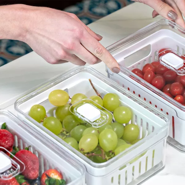 OU Fridge Organizer Bins w/ Drain Baskets & Vented Lids, Clear Stackable Storage Container BPA Free 2 Pack (2.3qt Each)
