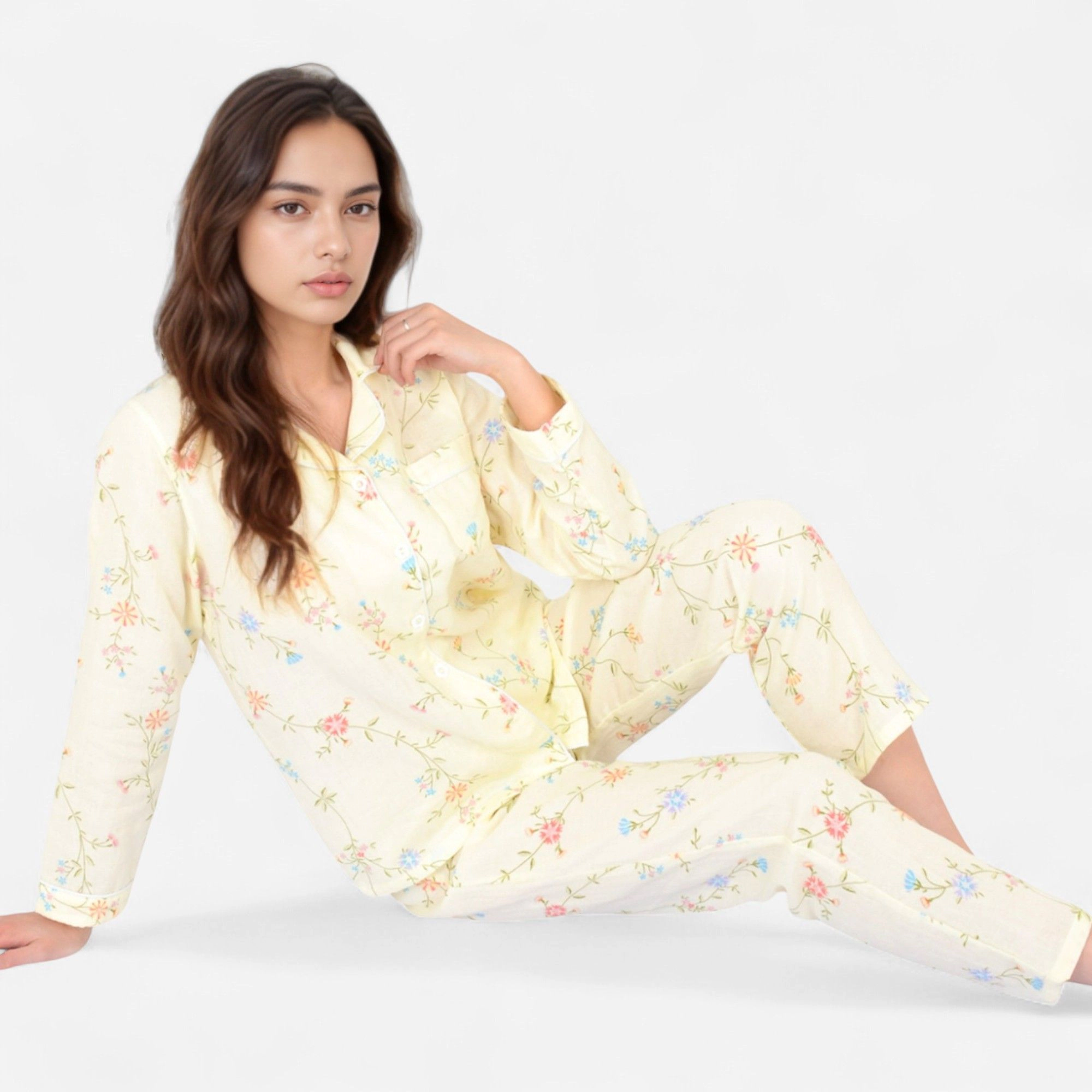 Anna-Kaci Women's Yellow Floral Print Long Sleeve Pajama Set Button Up Top Single Chest Pocket and Relaxed Fit Pants